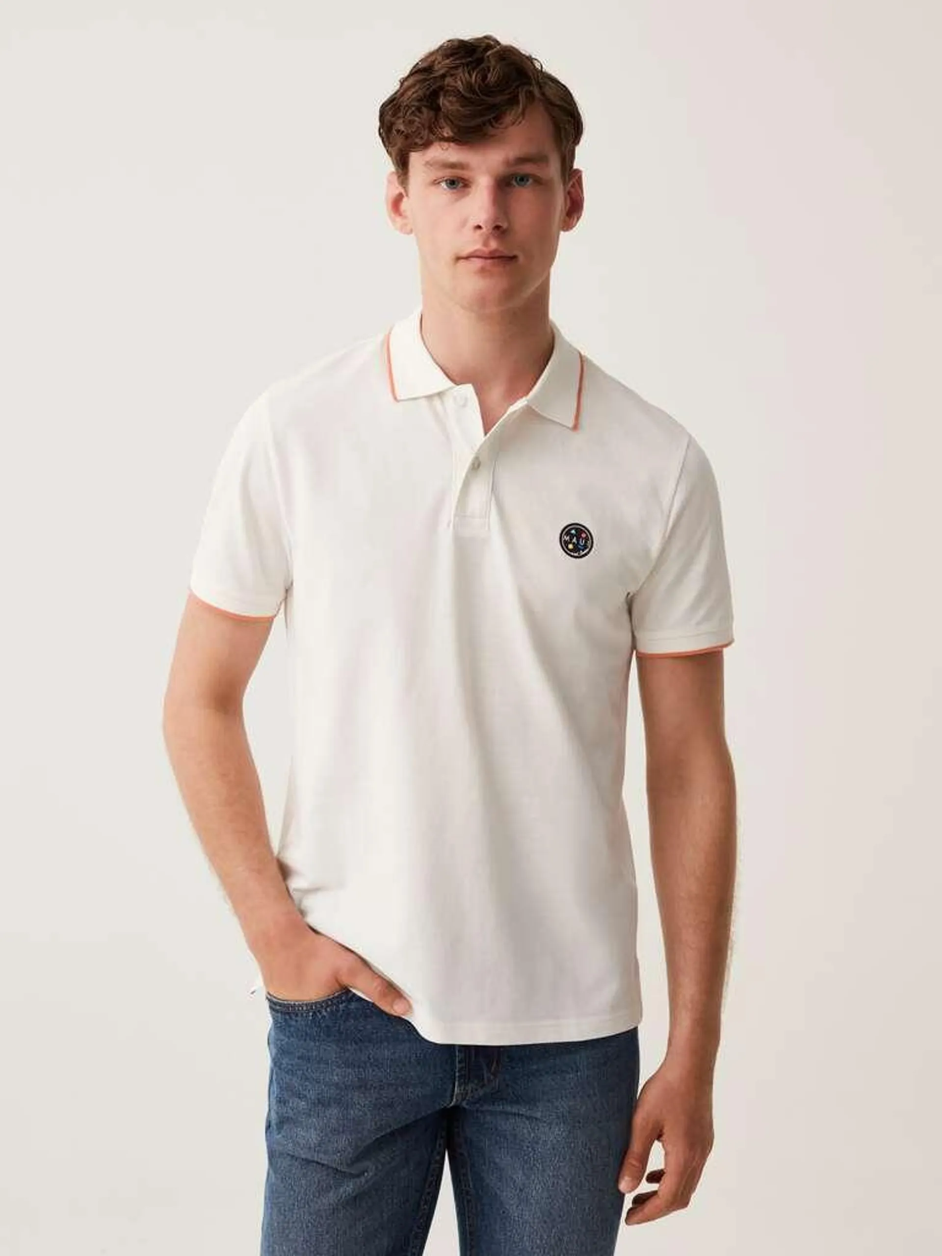 White Piquet polo shirt with Maui and Sons print