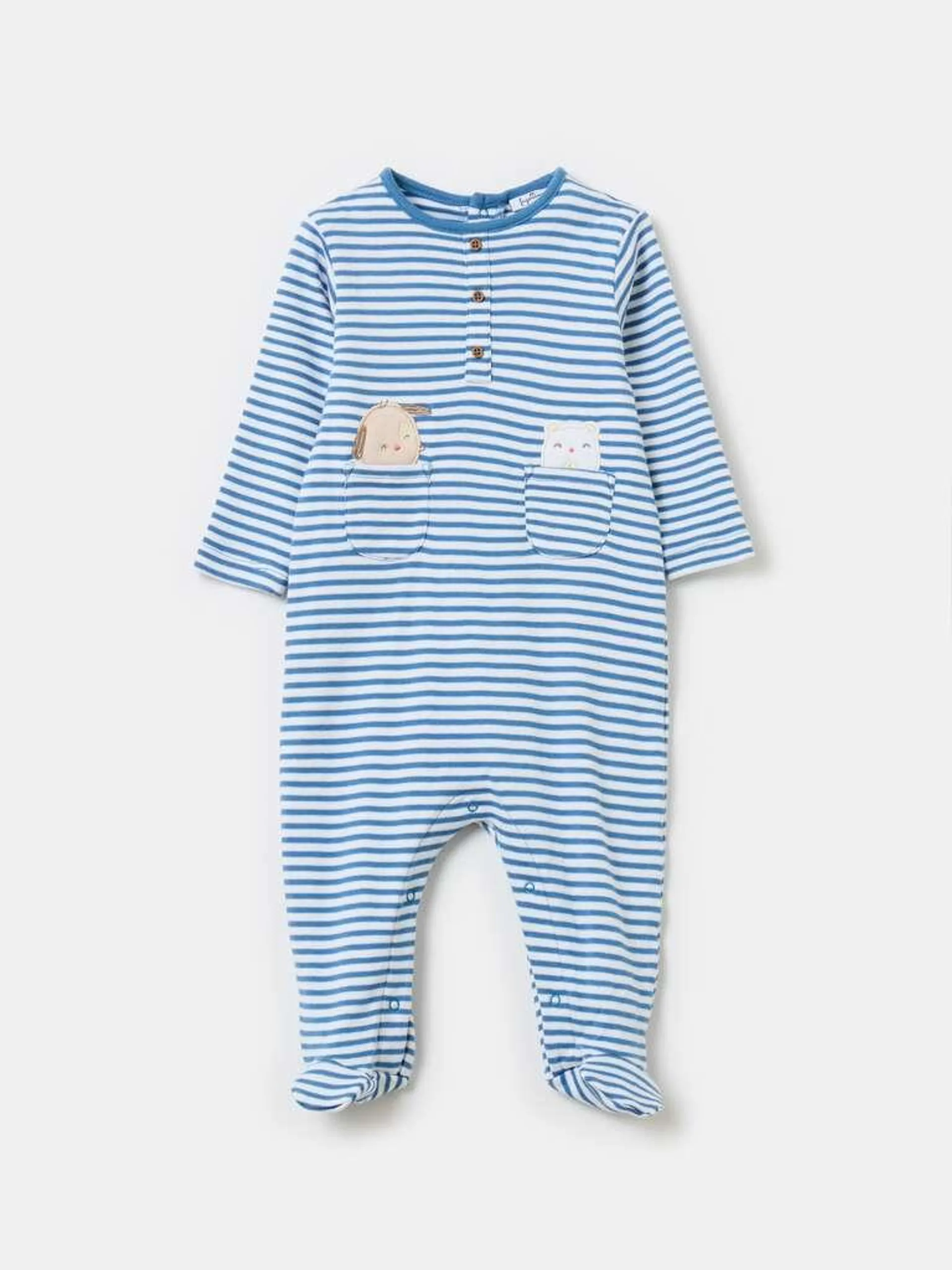 Organic cotton onesie with feet Bleu/blanc