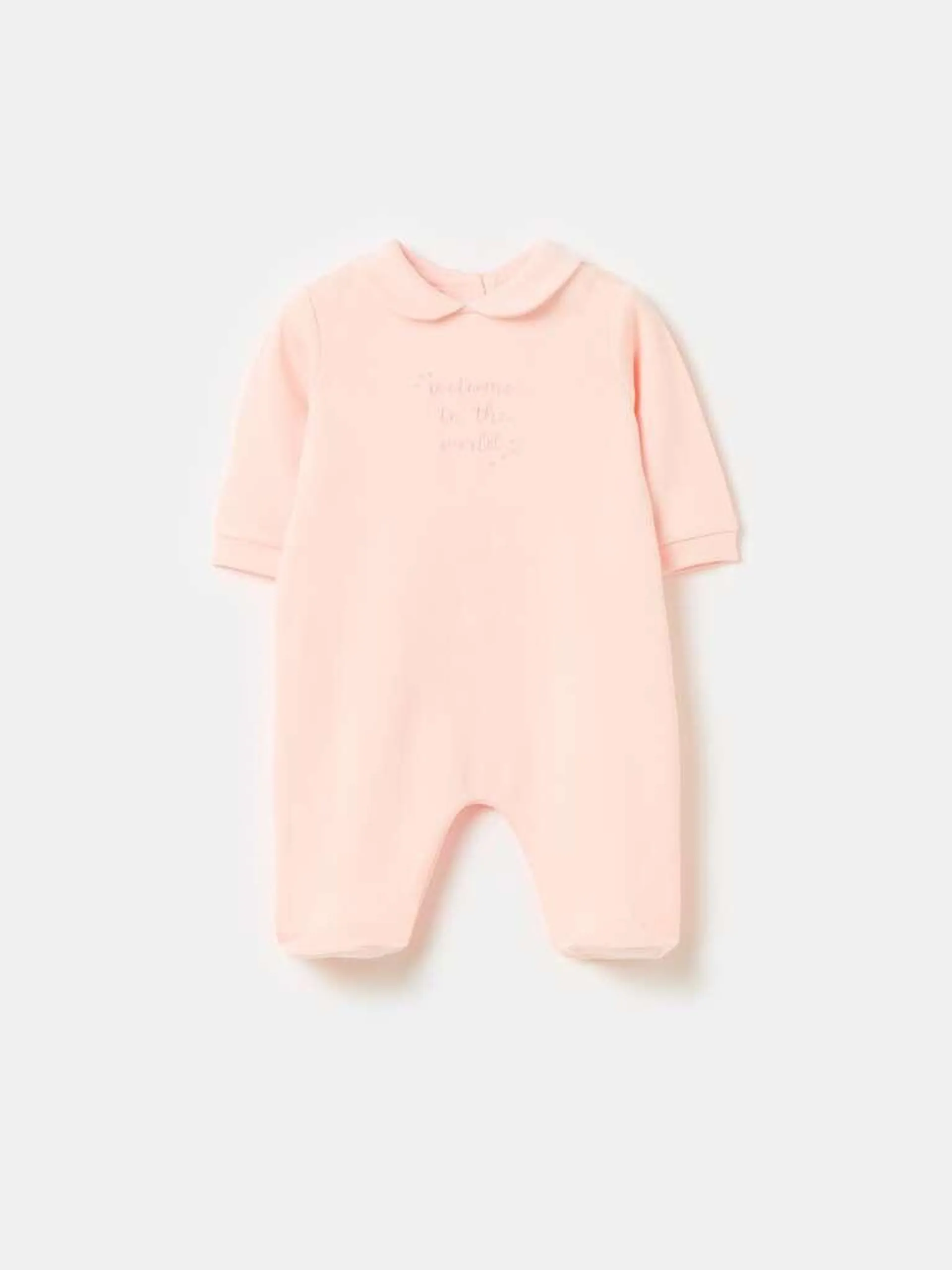 Organic cotton onesie with feet and embroidery Orange Pêche