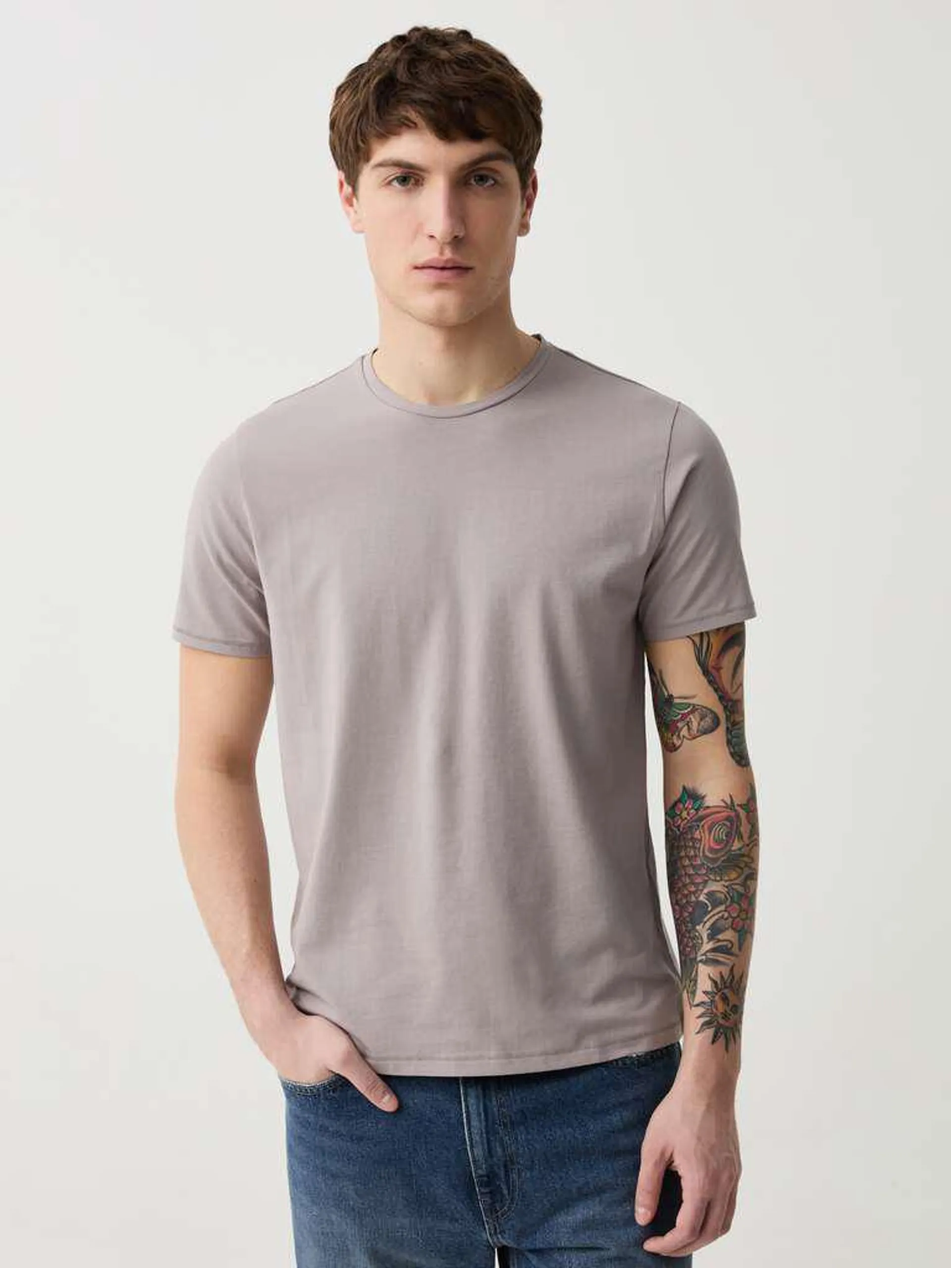 Stone Grey Slim-fit T-shirt in stretch organic cotton
