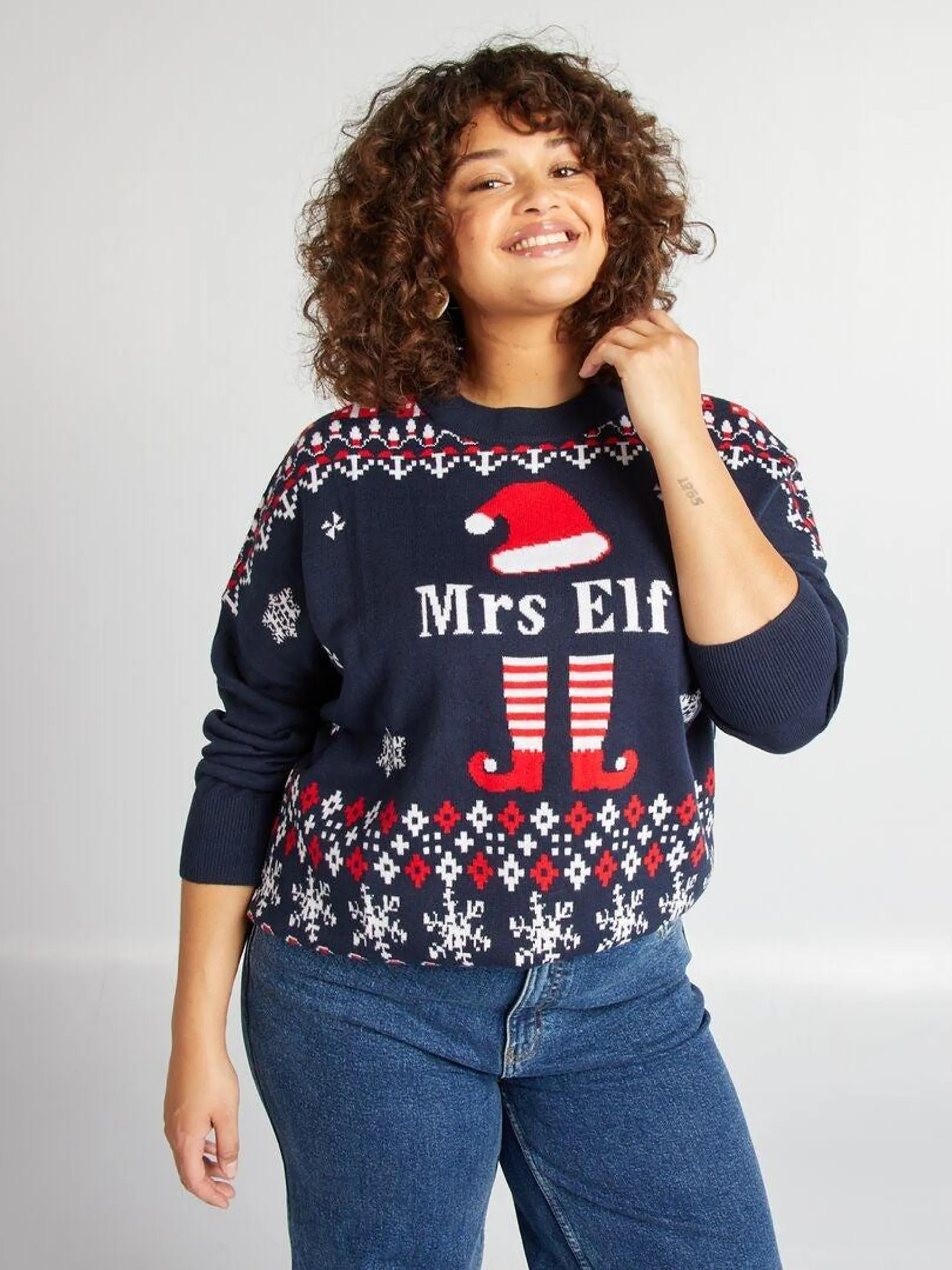 Pull de Noël imprimé elfe - Bleu marine