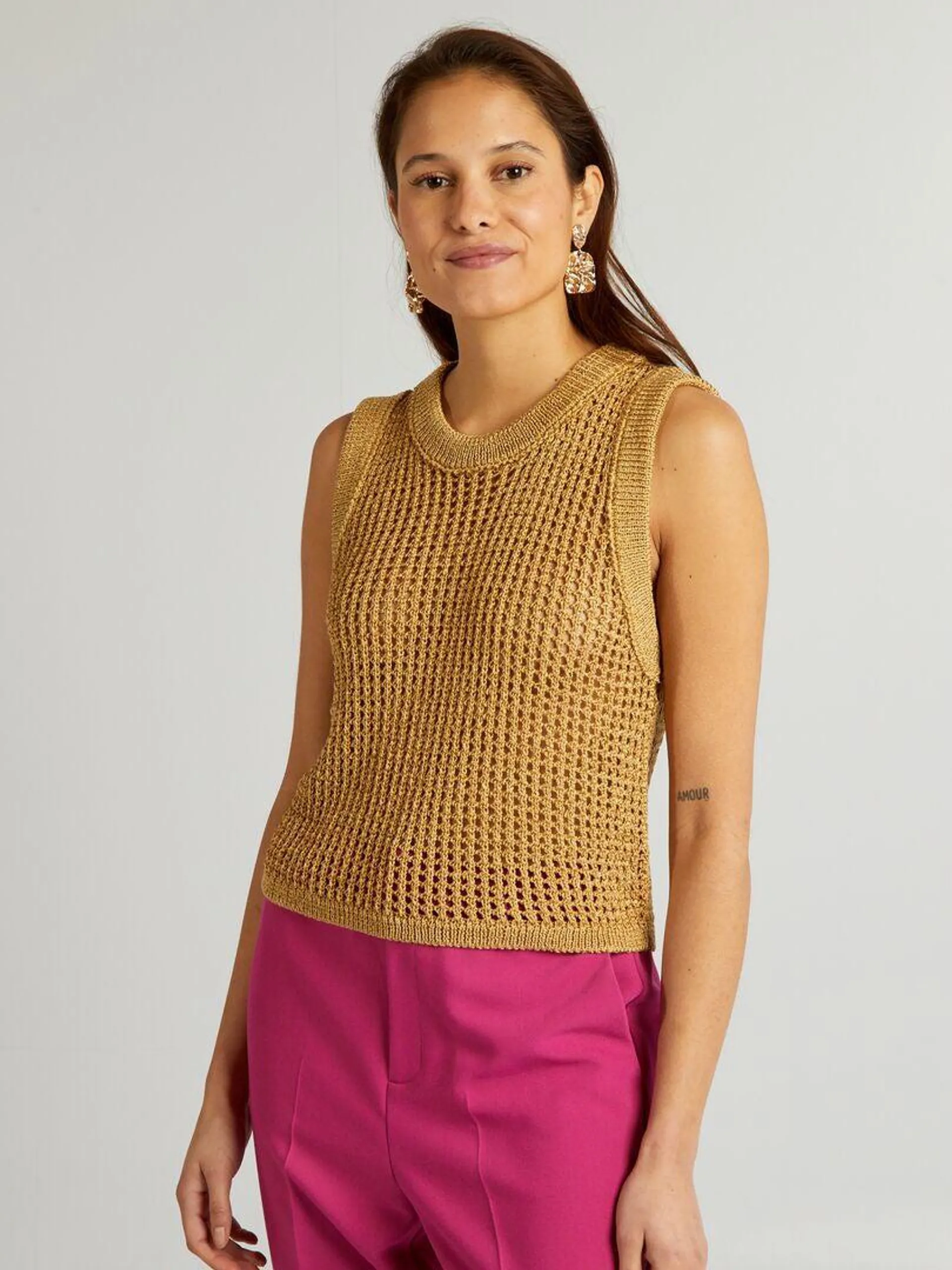 Pull court sans manches en crochet - Beige