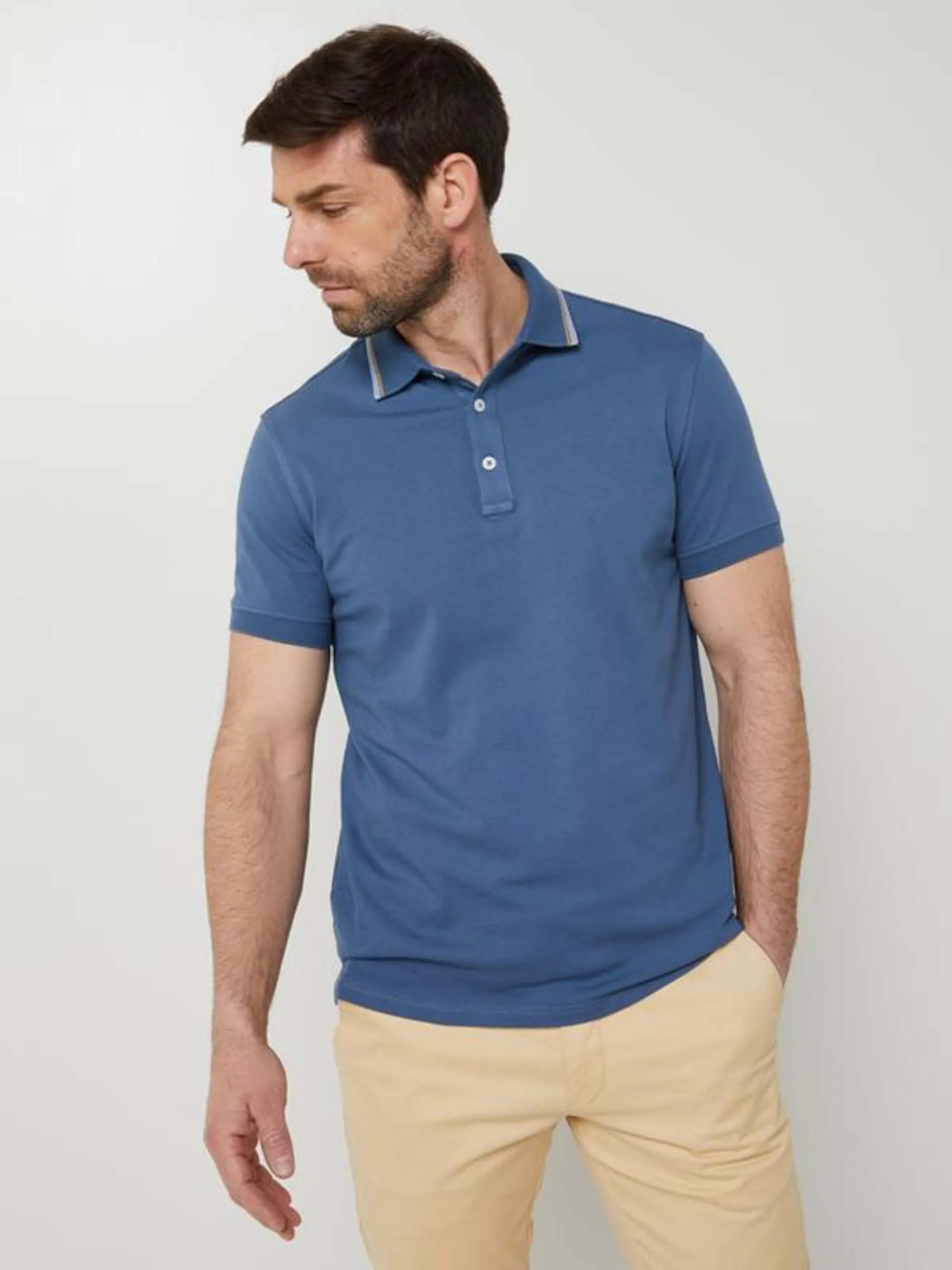 Polo En Piqué Coton Stretch Uni - Bleu