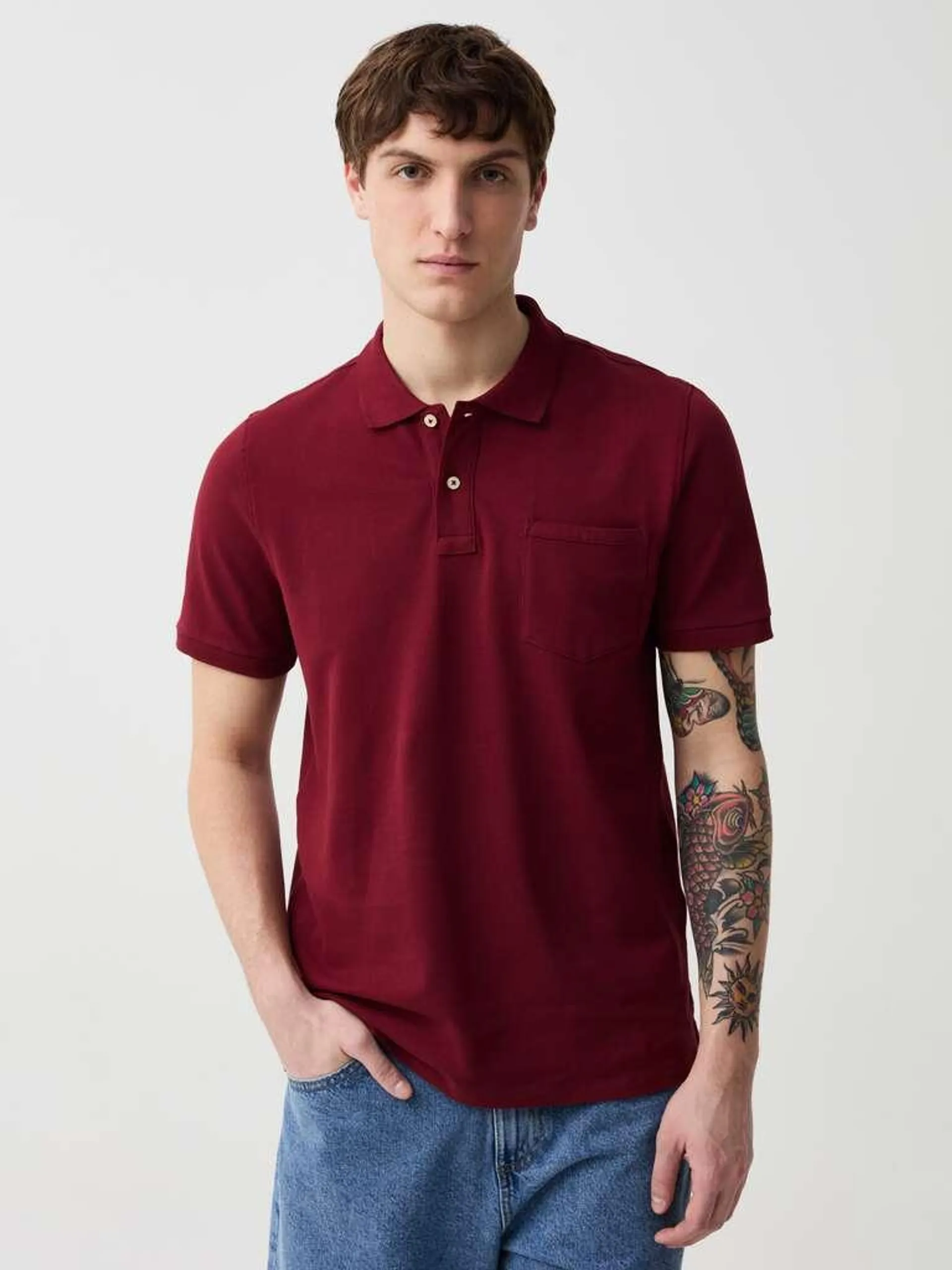 Claret Red Piquet polo shirt with pocket