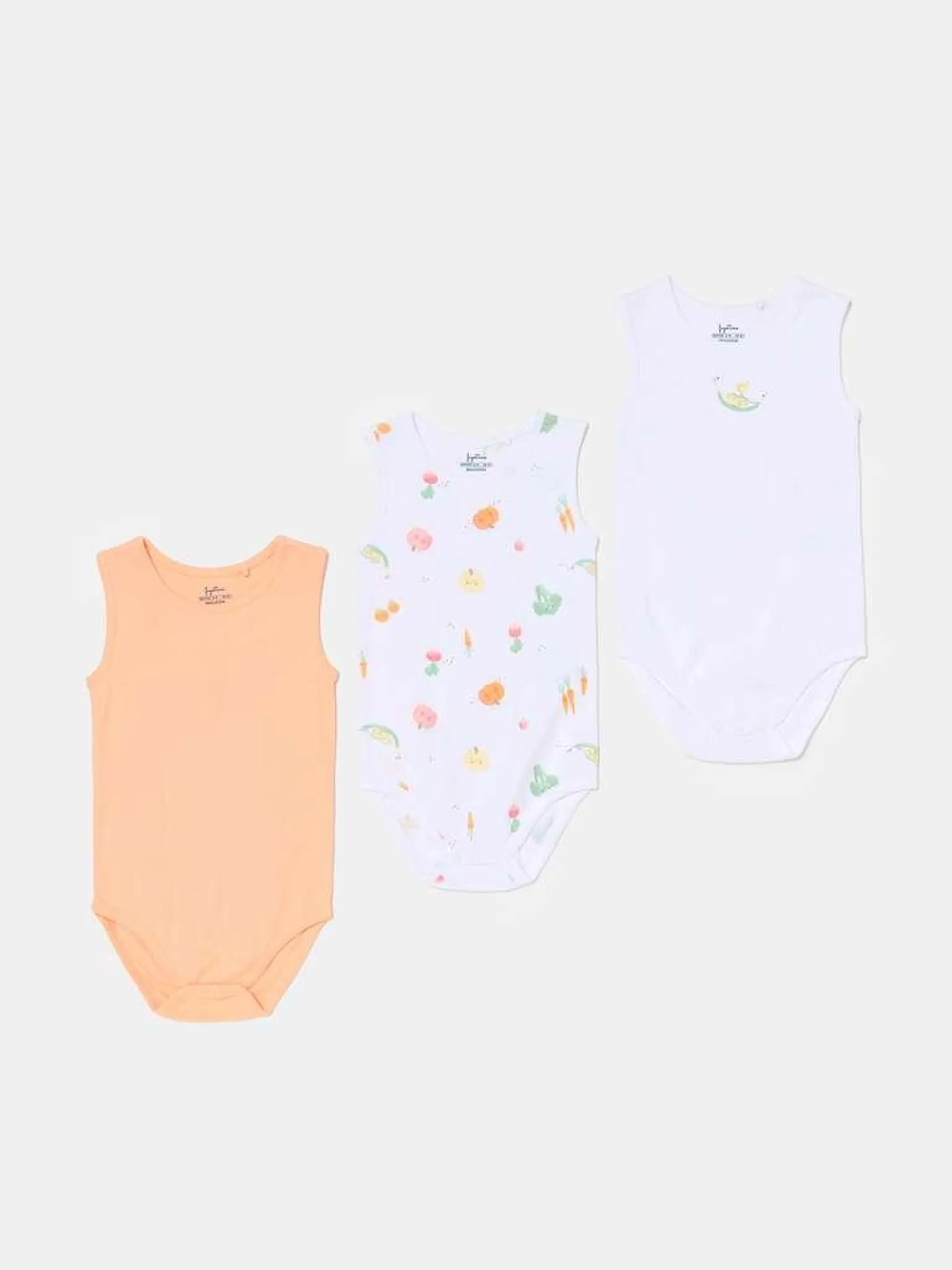 Three-pack bodysuits in organic cotton with print Blanc/orange