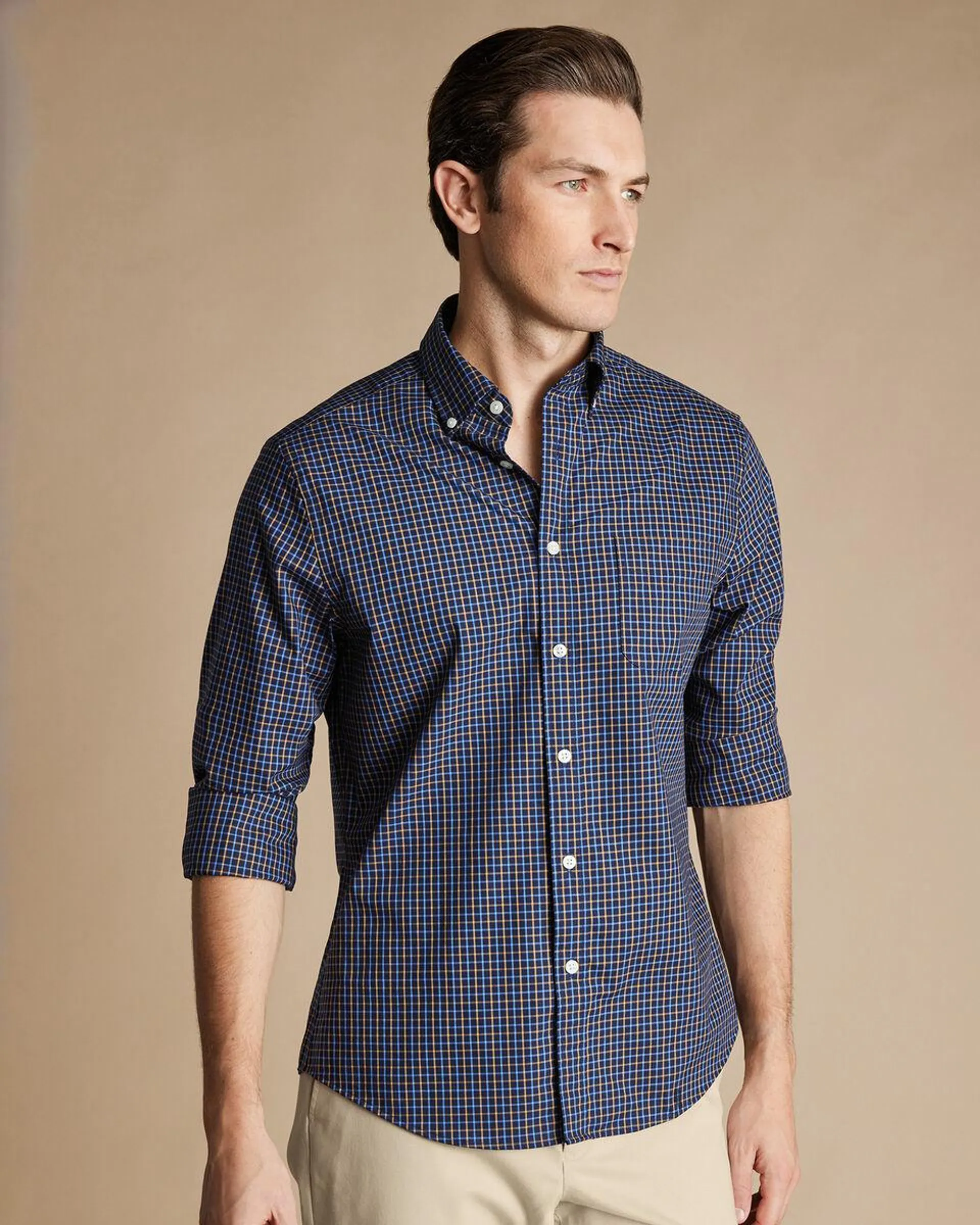 details about product: Button-Down Collar Non-Iron Stretch Poplin Fine Line Check Shirt - Navy & Gold