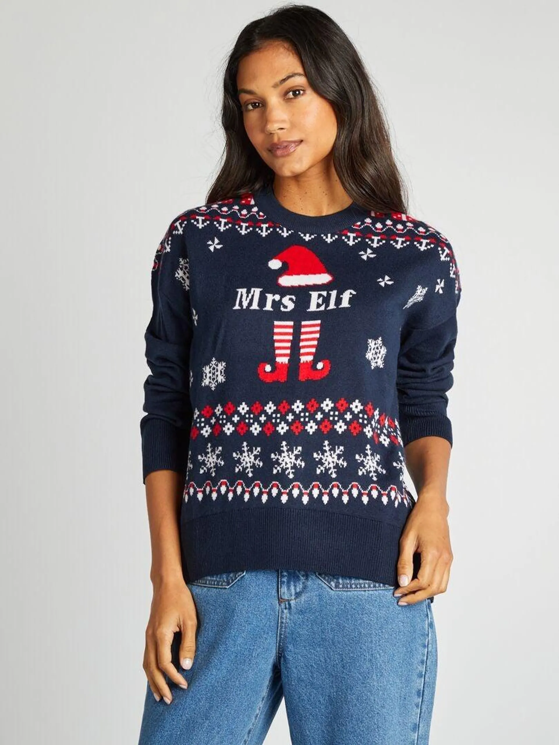 Pull de Noël imprimé elfe - Bleu marine