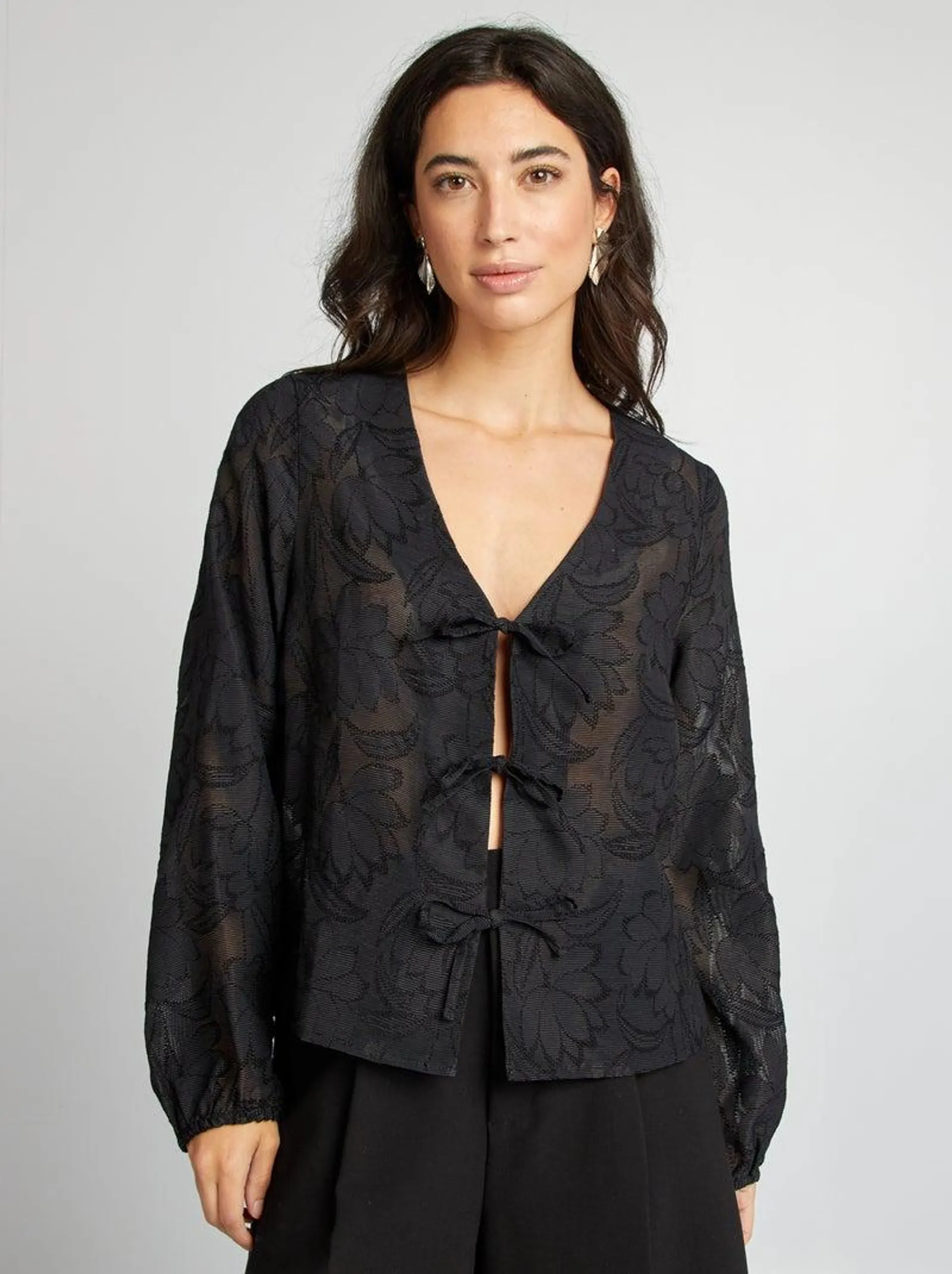 Blouse gilet transparente motifs fleuris - noir