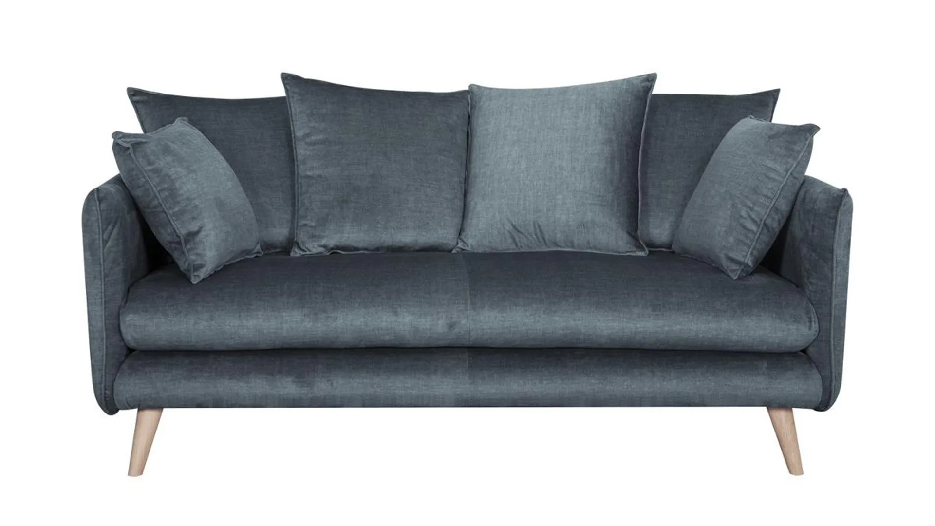 Canapé scandinave 3 places en tissu velours bleu gris et bois clair OLYMPIA