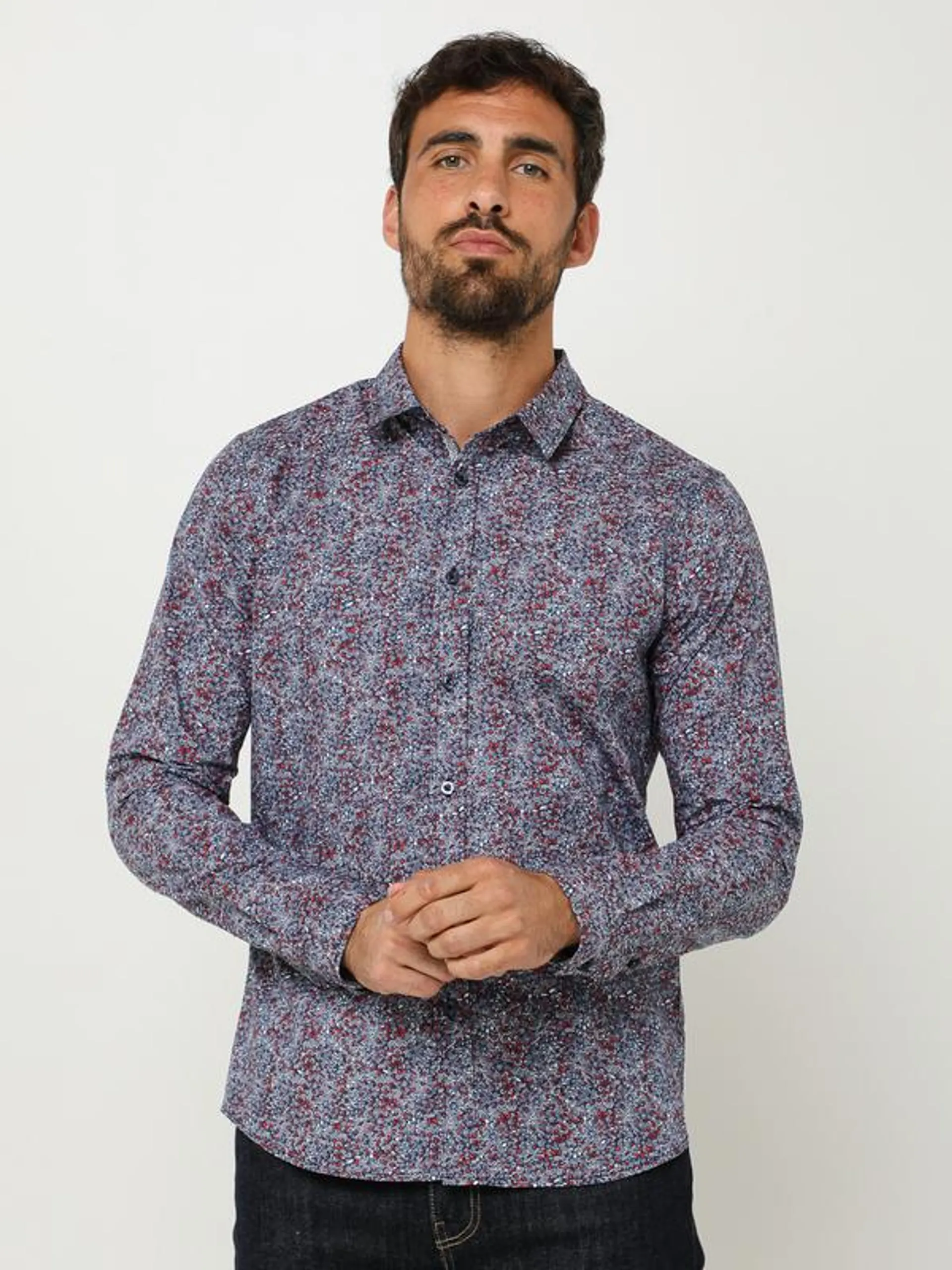 Chemise Manches Longues À Imprimé Fleuri Effet Graphique, Coupe Cintrée - Bleu marine