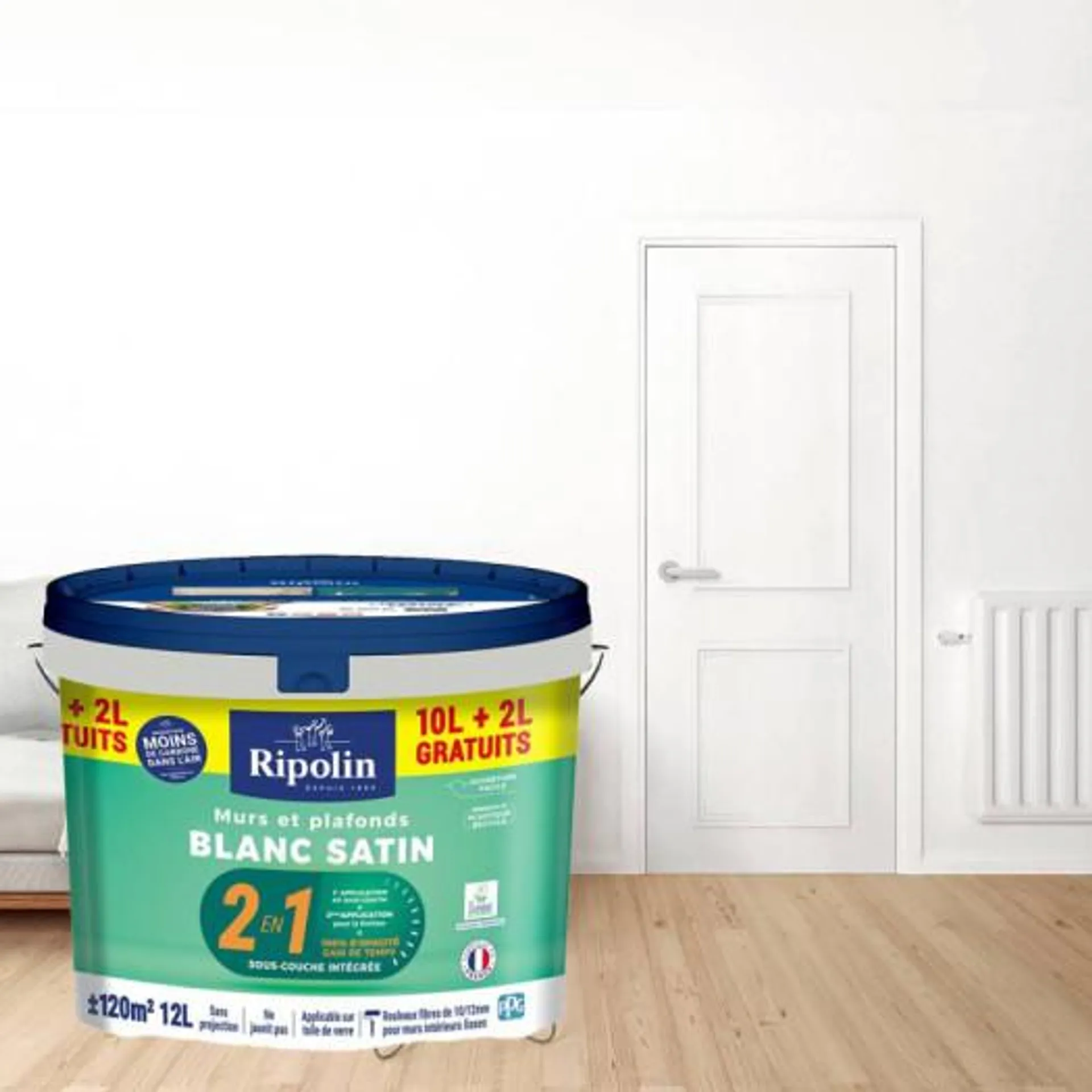 Peinture Ripolin murs et plafonds 2 en 1 sous-couche intégrée blanc satin 12L