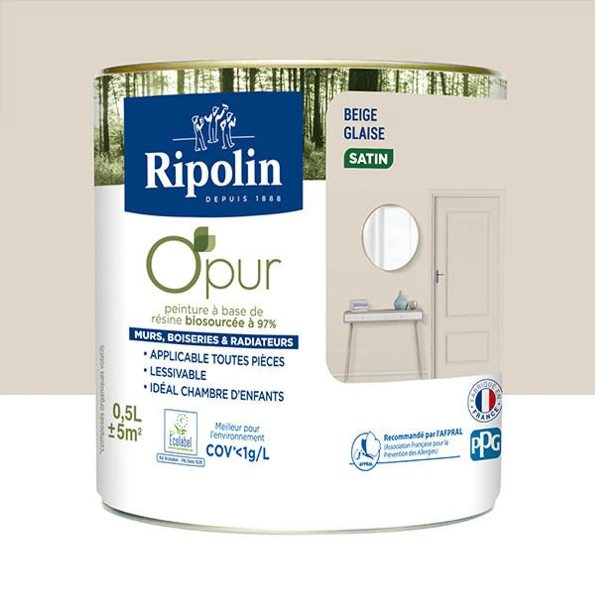 Peinture RIPOLIN Opur bio sourcée multi-supports beige glaise satin 0,5L