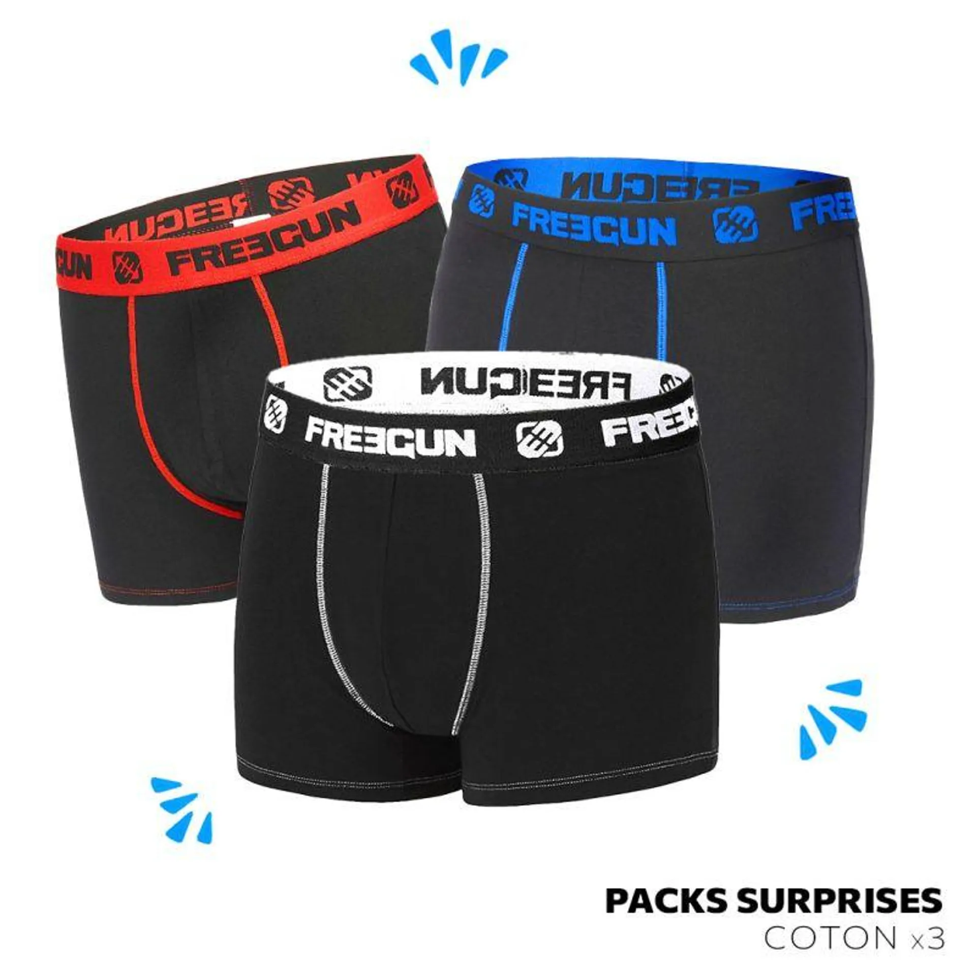 Pack Surprise de 3 Boxers Freegun coton homme