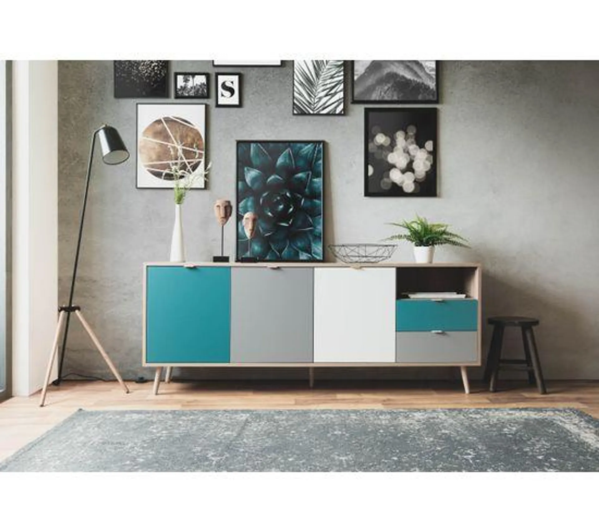 Buffet scandinave ARUBA Chêne, bleu, gris et blanc