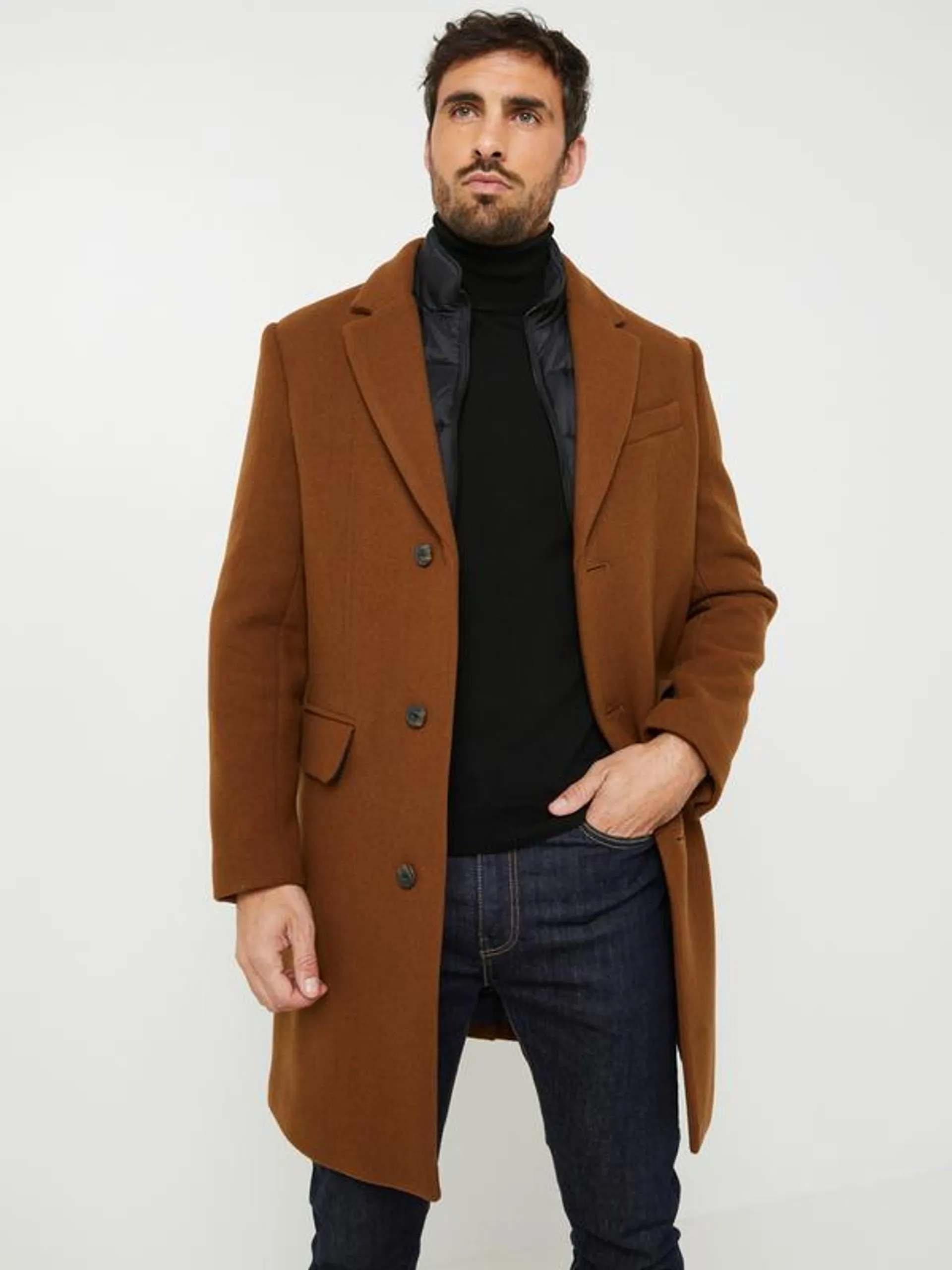 Manteau Classique Lainage Velouté Uni Avec Plastron Matelassé - Camel