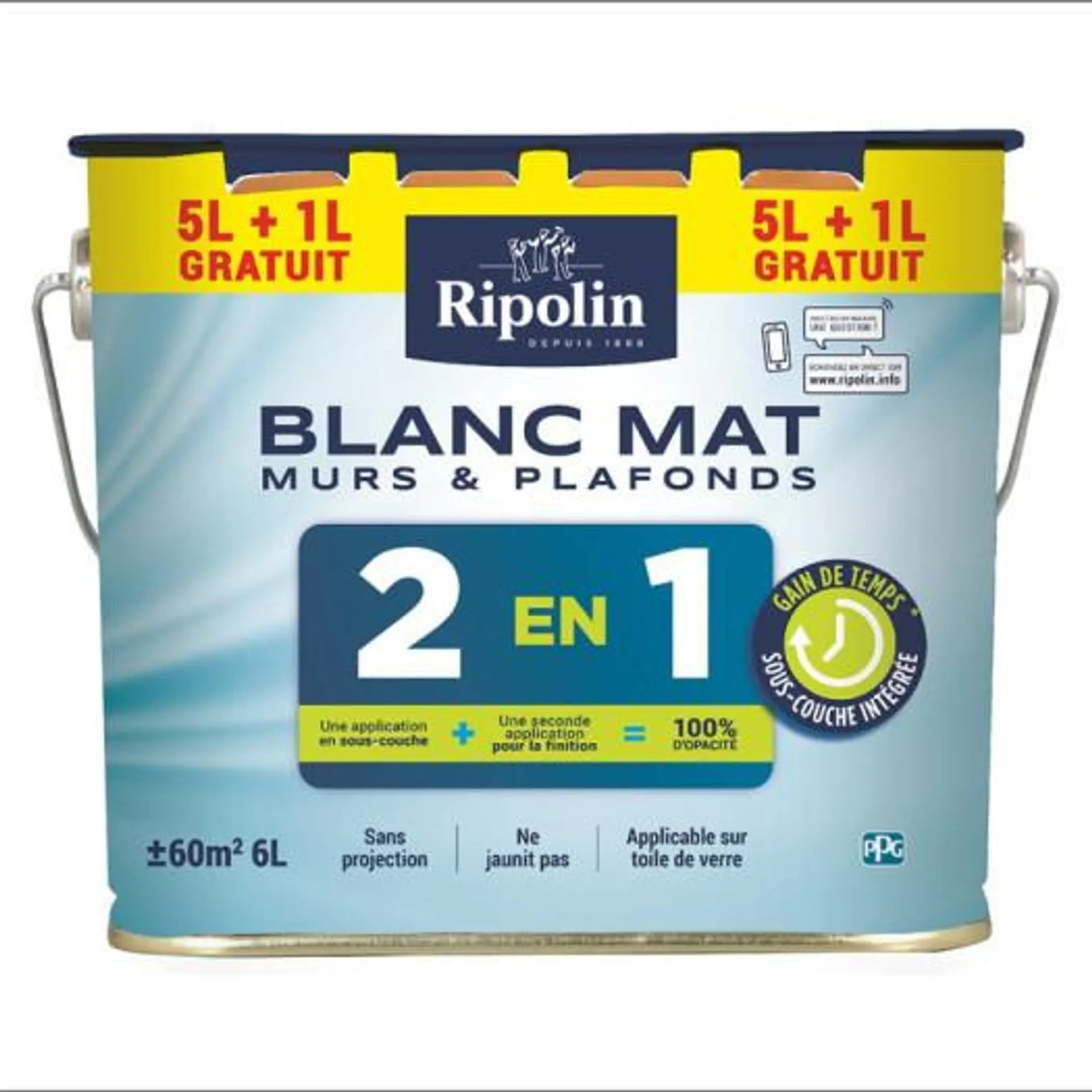 Peinture Ripolin murs et plafonds 2 en 1 sous-couche intégrée blanc mat 5L+1L gratuit