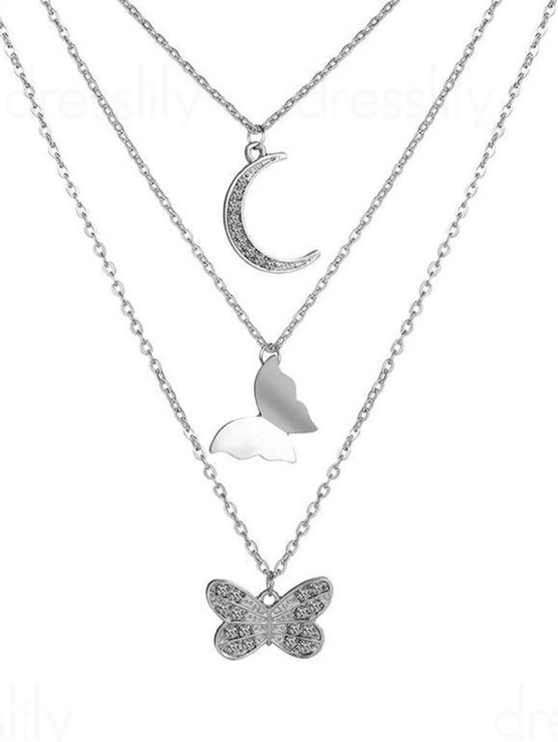 Collier Chaîne Superposé Motif de Papillon avec Strass en Métal