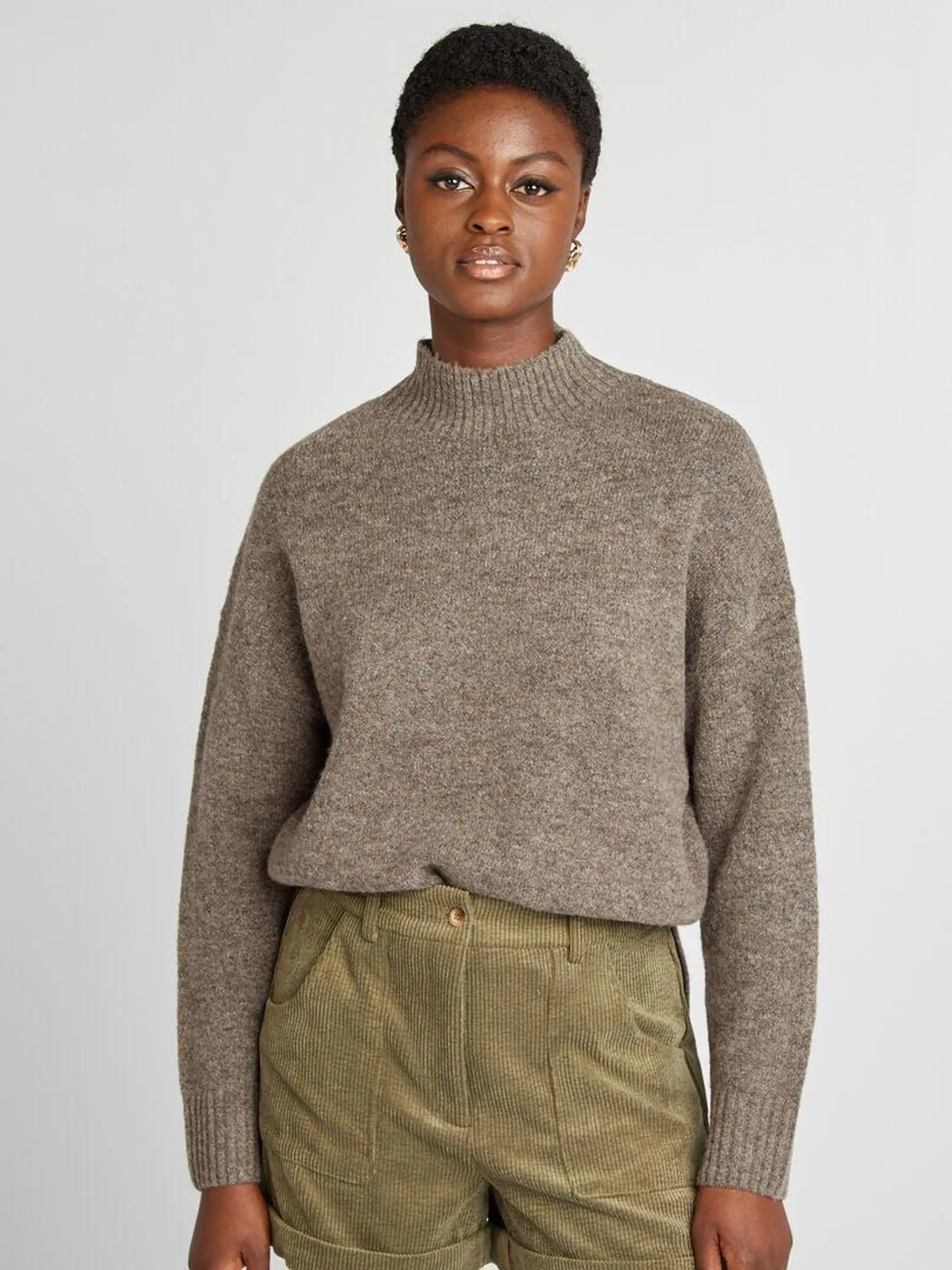 Pull col montant en maille douce - Taupe