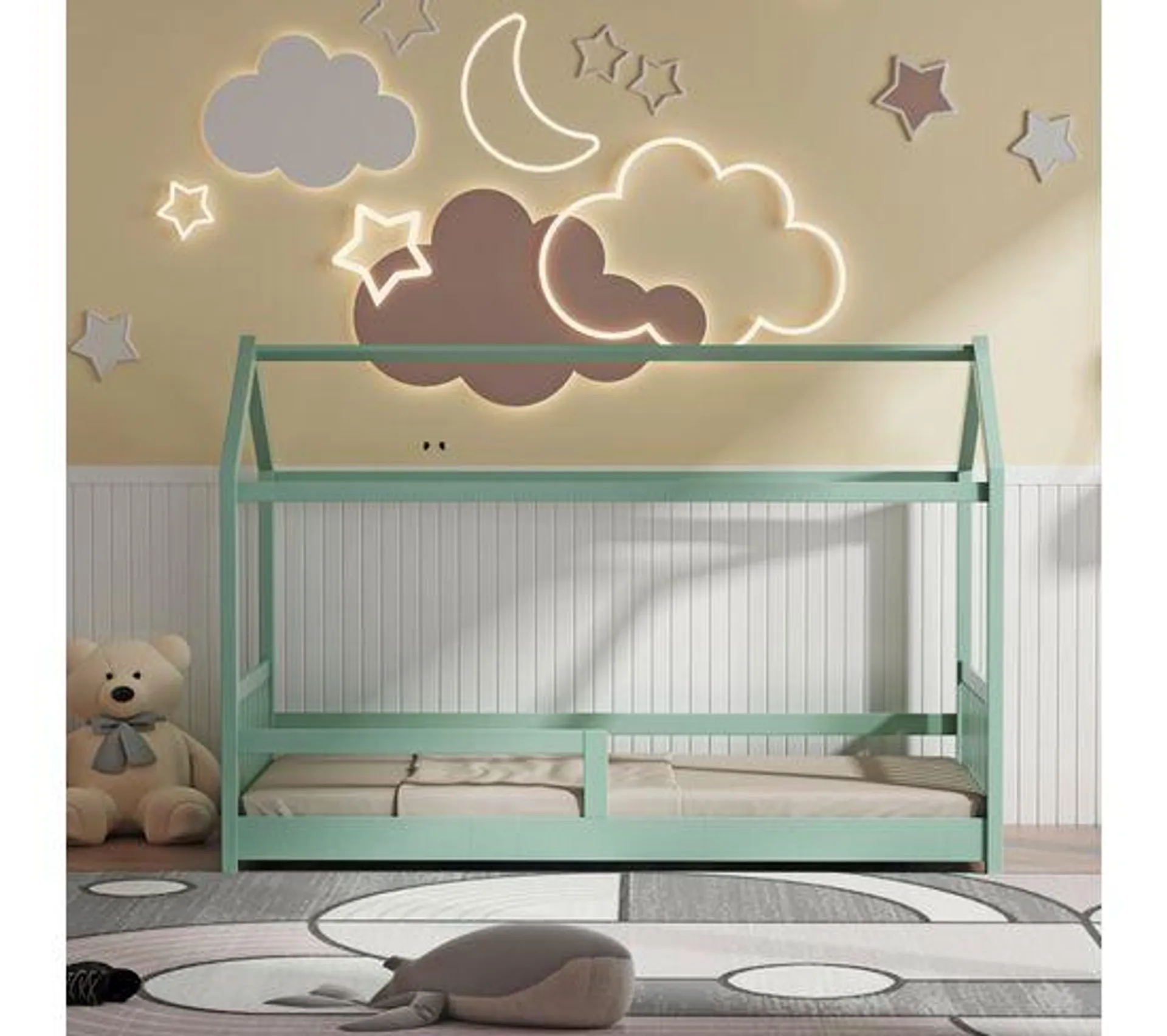 Lit cabane 90x190 cm HUTTY vert avec sommier inclus