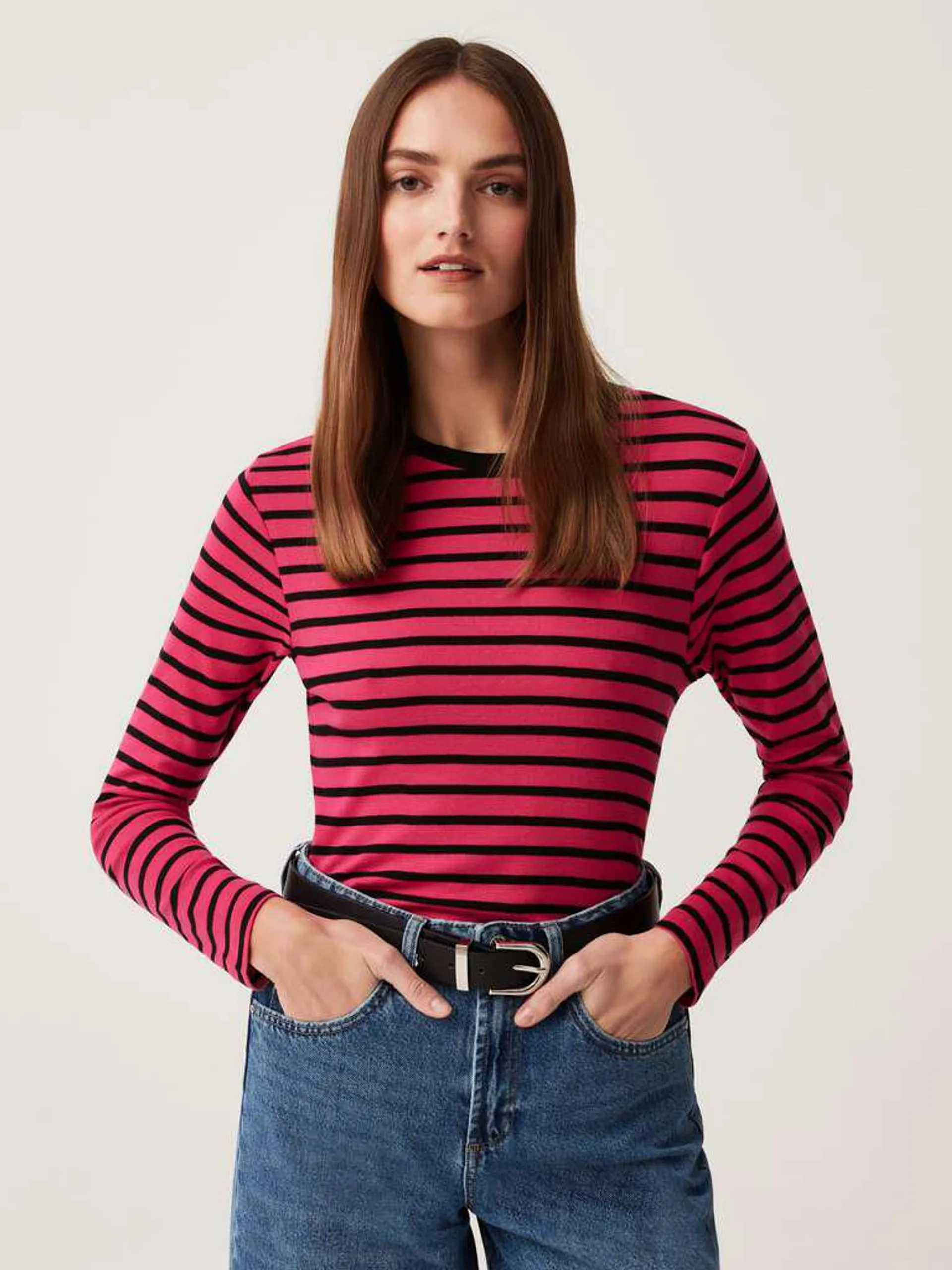 Black/Pink Long-sleeved striped T-shirt