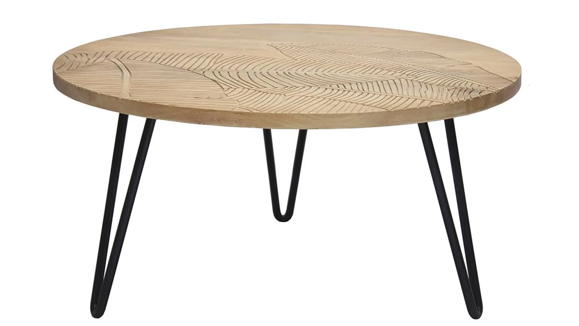 Table basse ronde gravée bois manguier massif et métal noir D80 cm VIBES