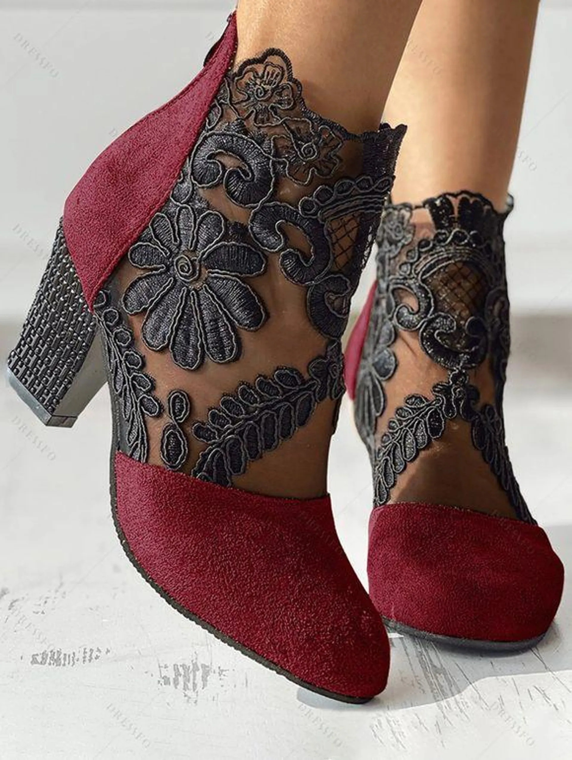 Sheer Lace Flower Chunky Heels Zip Fly Outdoor Sandals