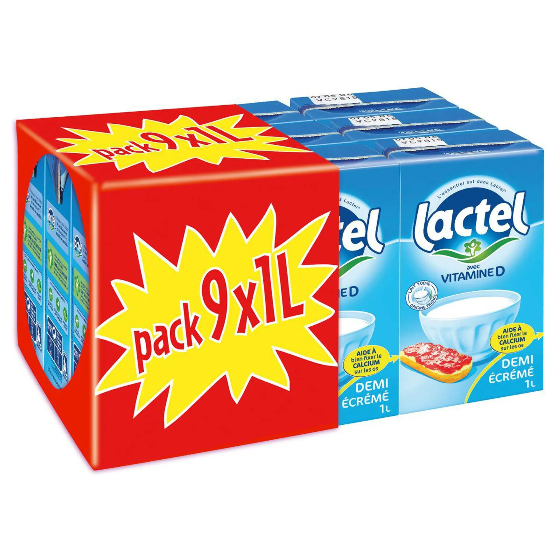 LACTEL Lait demi-écrémé vitamine D stérilisé UHT 9x1l