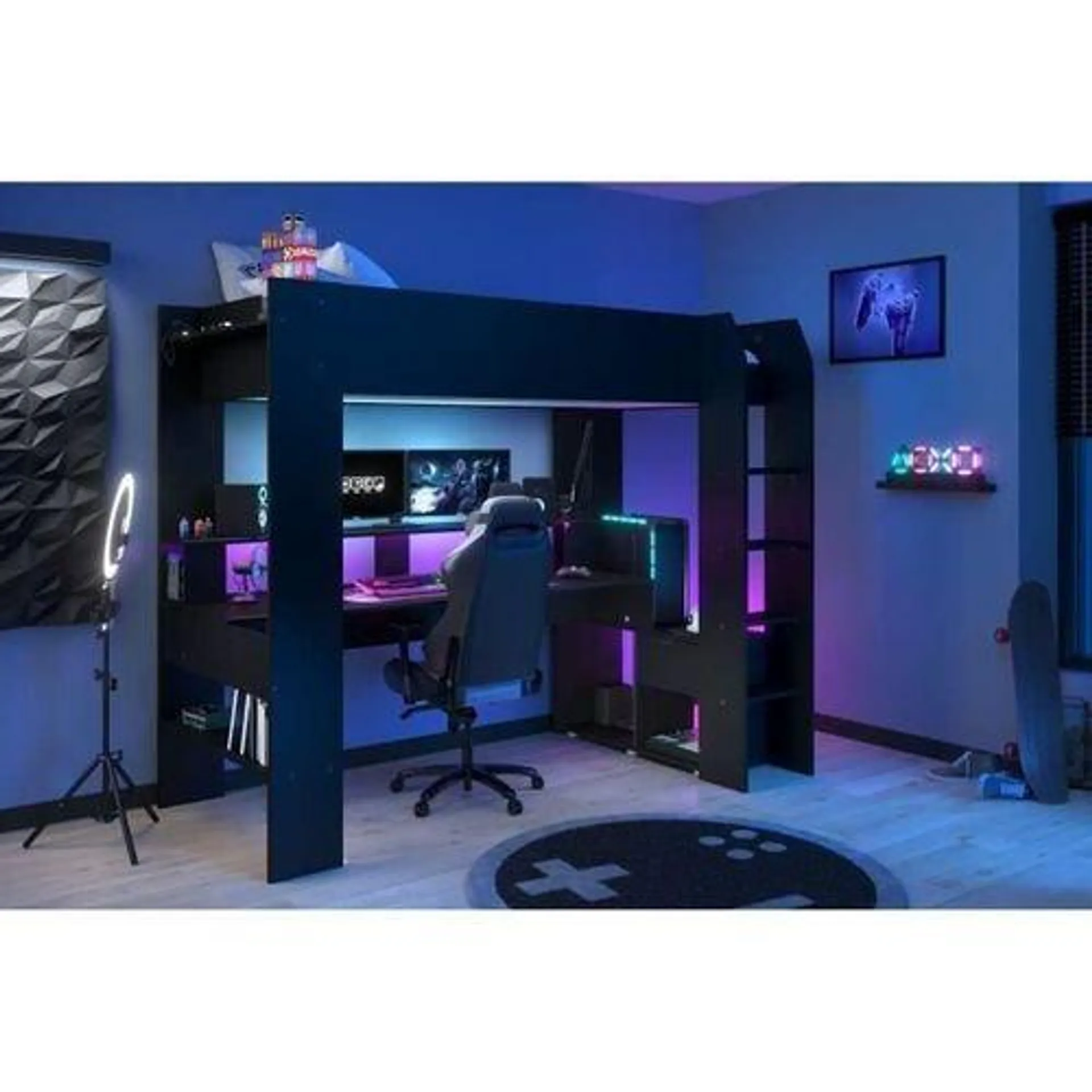 Lit mezzanine 90x200 cm ONLINE avec bureau, LEDS et double prise USB