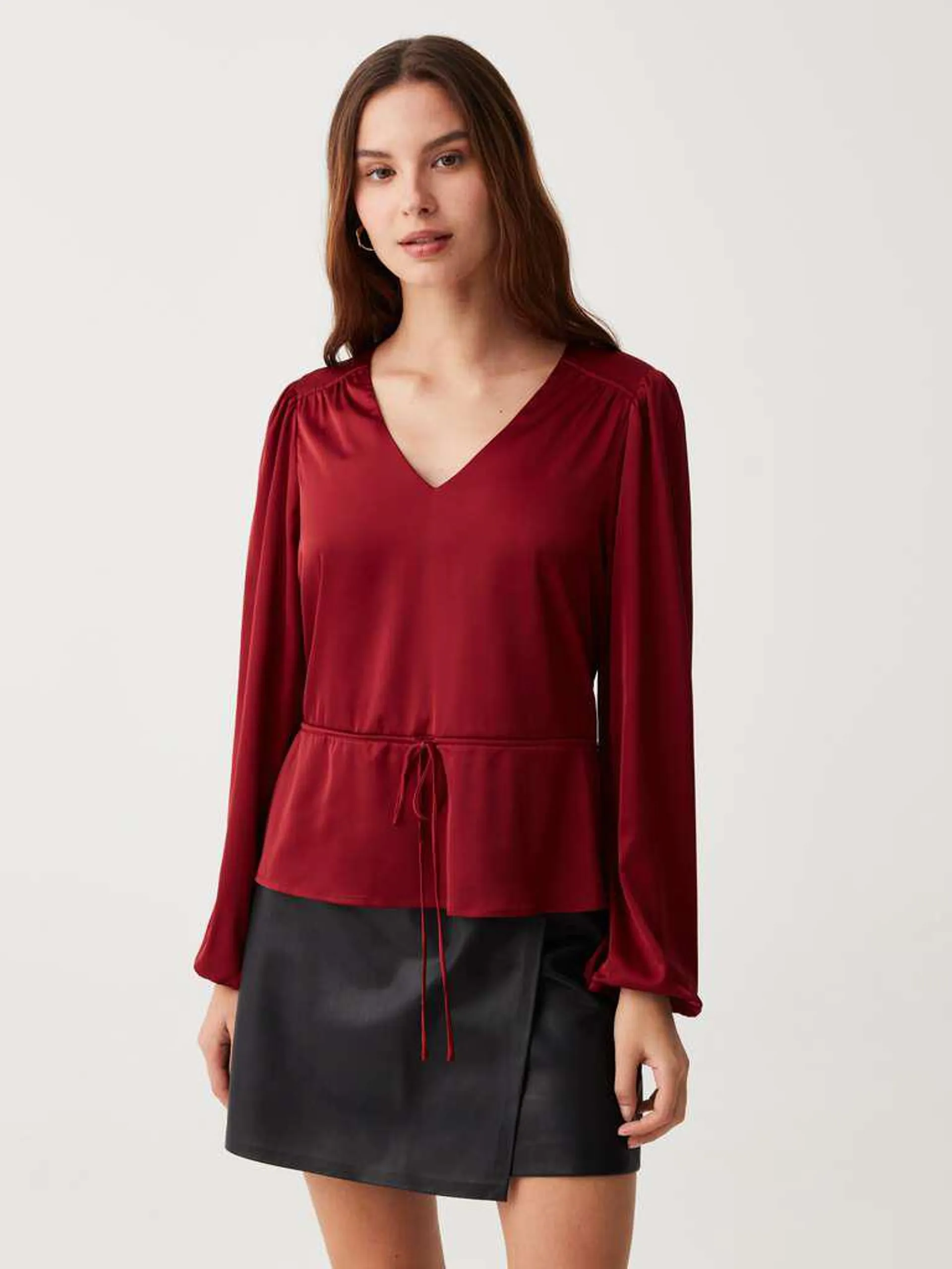 Cherry Red Satin blouse with drawstring