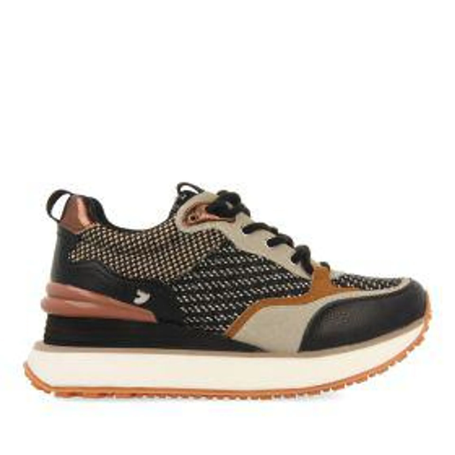 Kunda women's brown sneakers with outer wedges, featuring different textures and pieces in black, white and copper