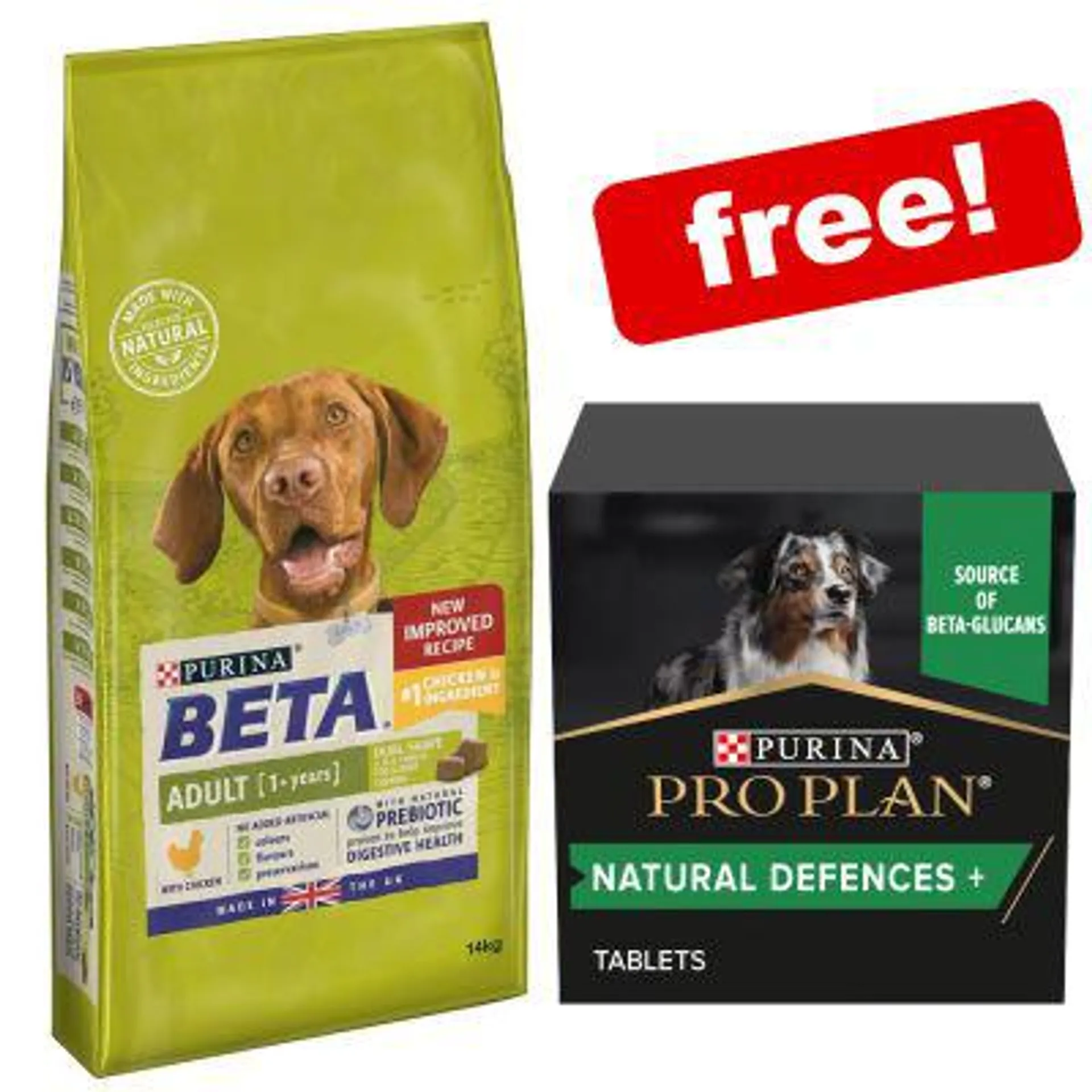 14kg BETA Dry Dog Food + 67g Pro Plan Natural Defences Supplement Free!*
