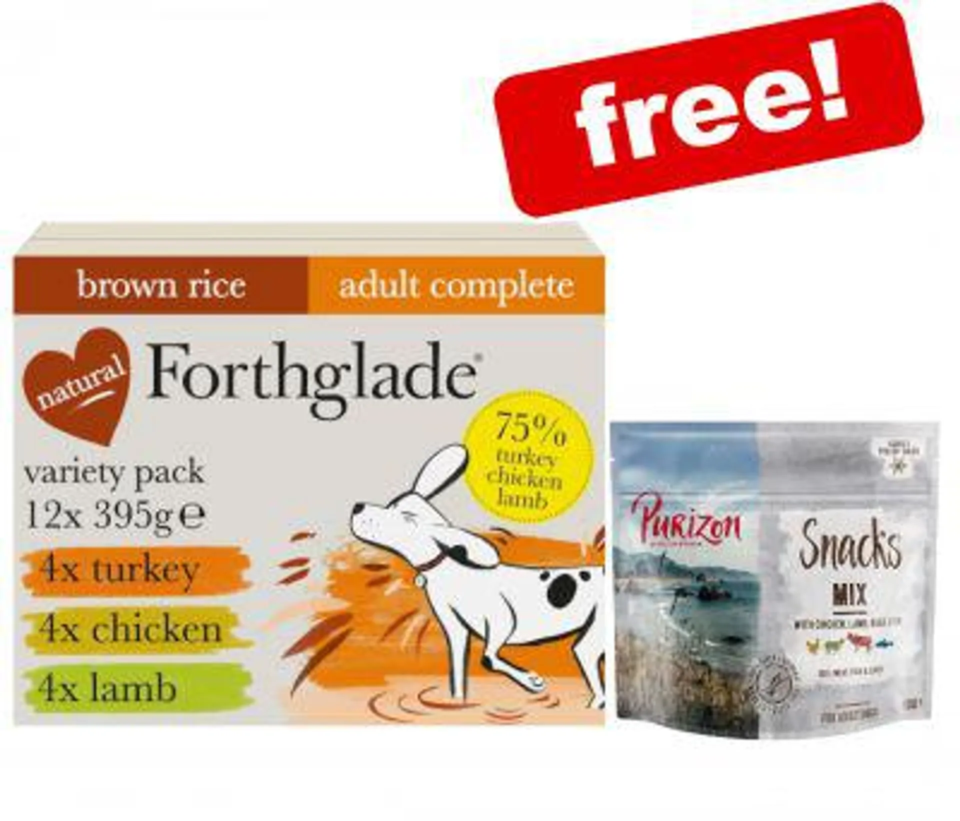12 x 395g Forthglade Complete Meal Adult Wet Dog Food + Purizon Dog Snacks Free!*