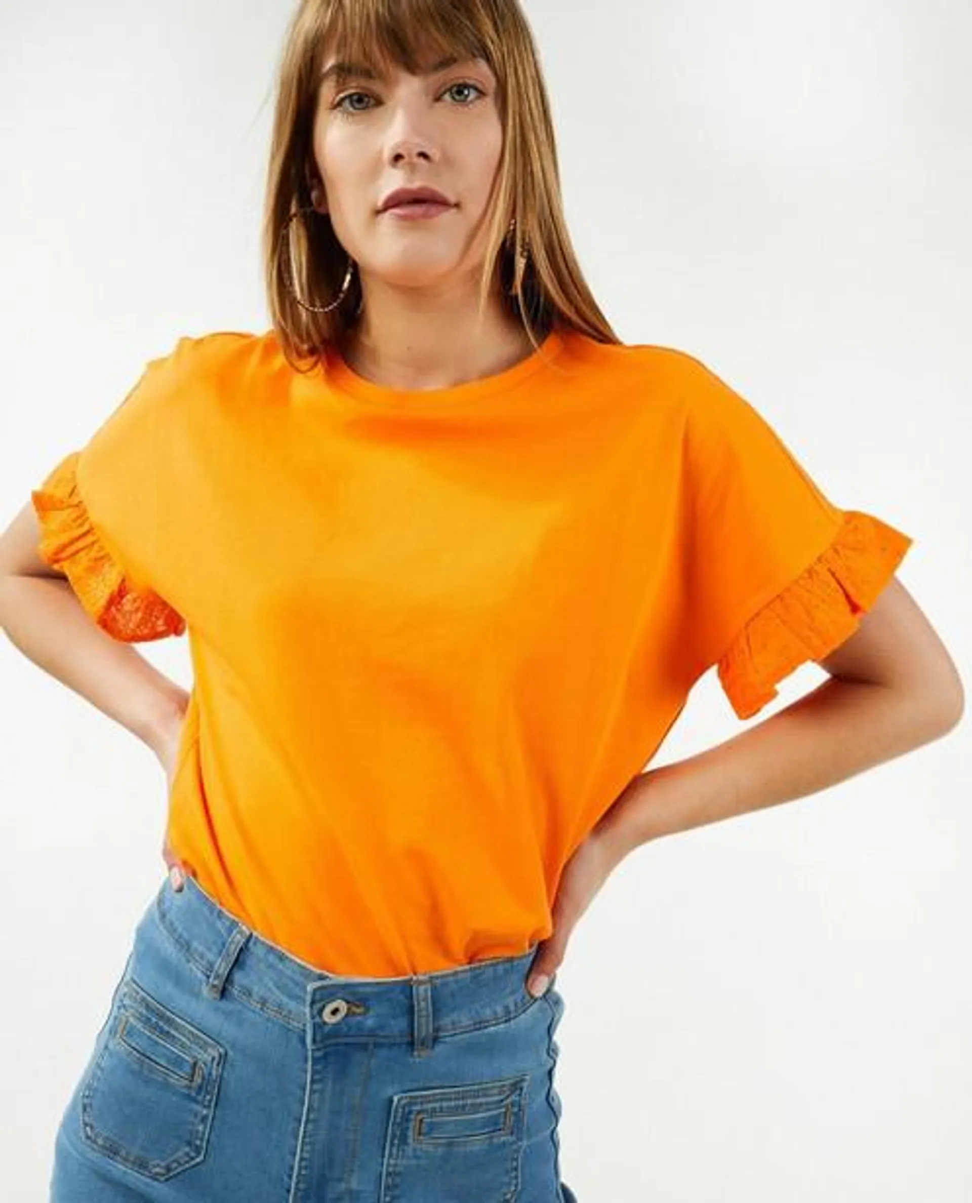 Oranje T-shirt met volants, dames