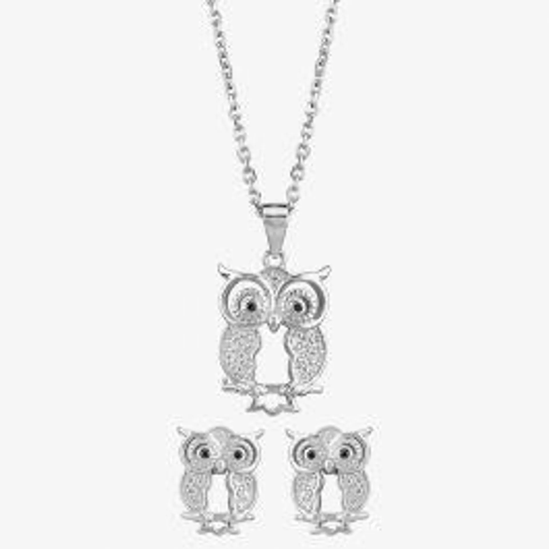 Silver Cubic Zirconia Owl Pendant and Earring Set E615090+P614130