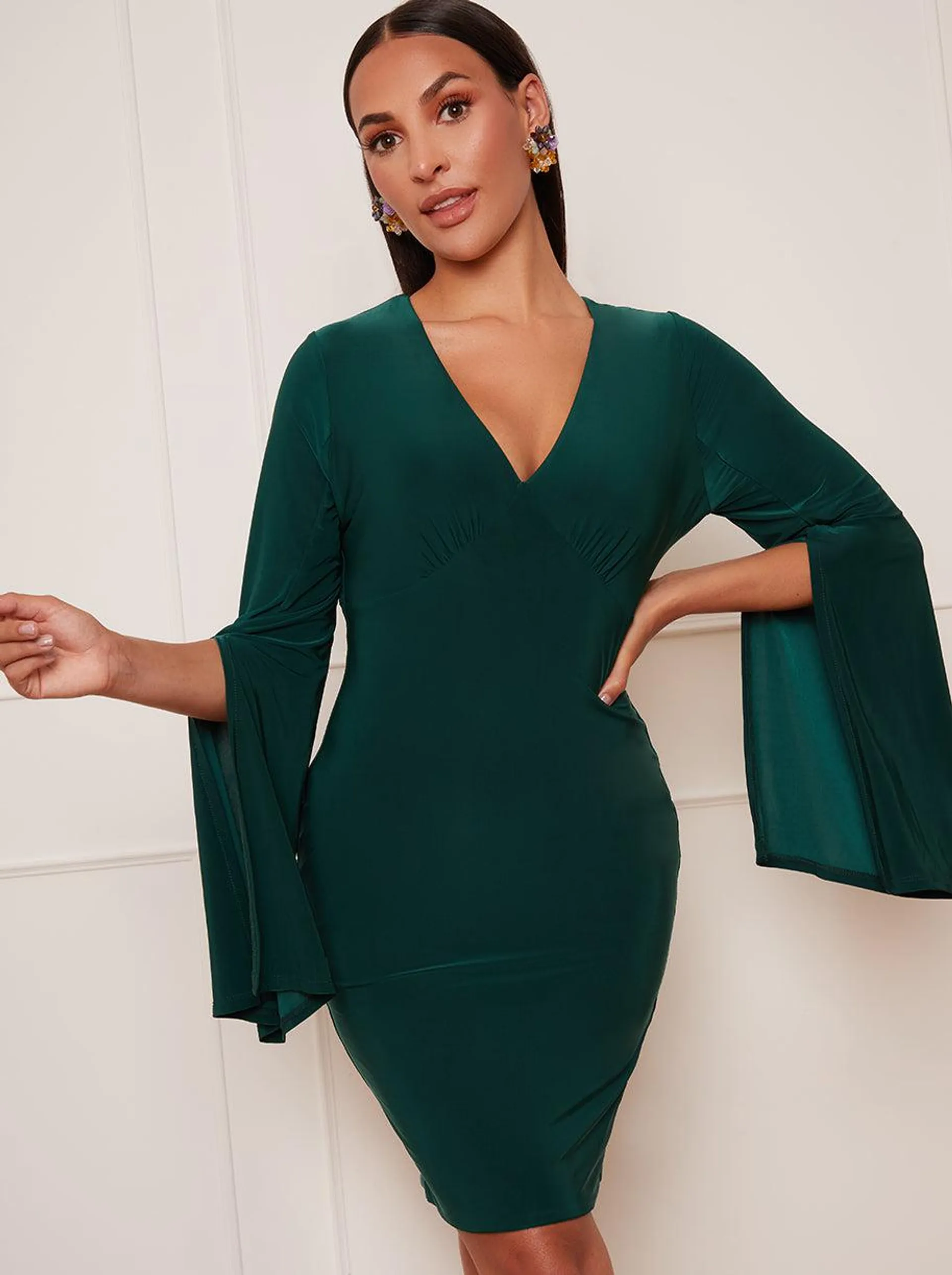 V Neck Split Sleeve Bodycon Mini Dress in Green