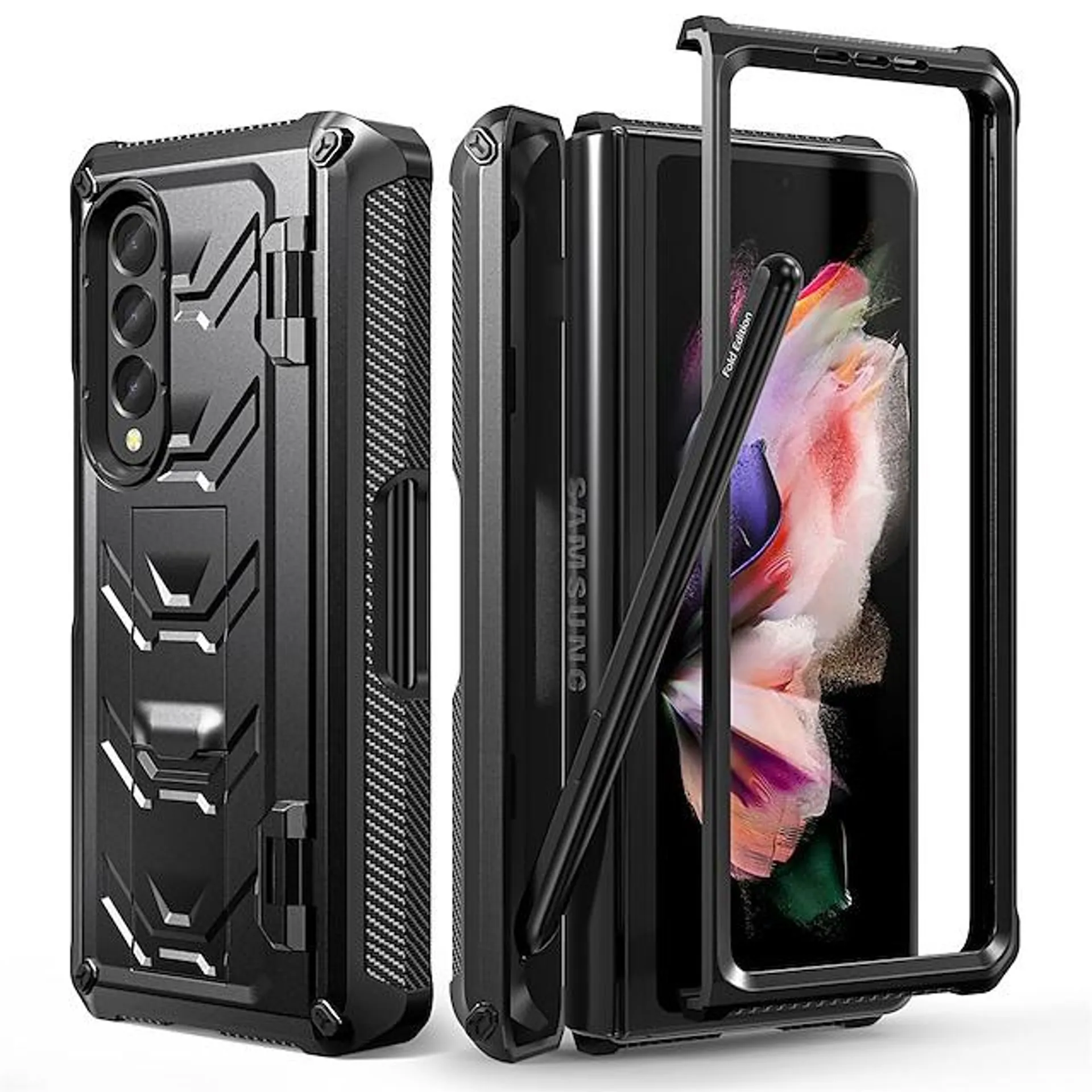 Fold Hinge Pen Slot Armor Case For Samsung Galaxy Z Fold 3 Fold3 Hard PC Cover with Screen Film Kickstand Pen Holder for S Pen