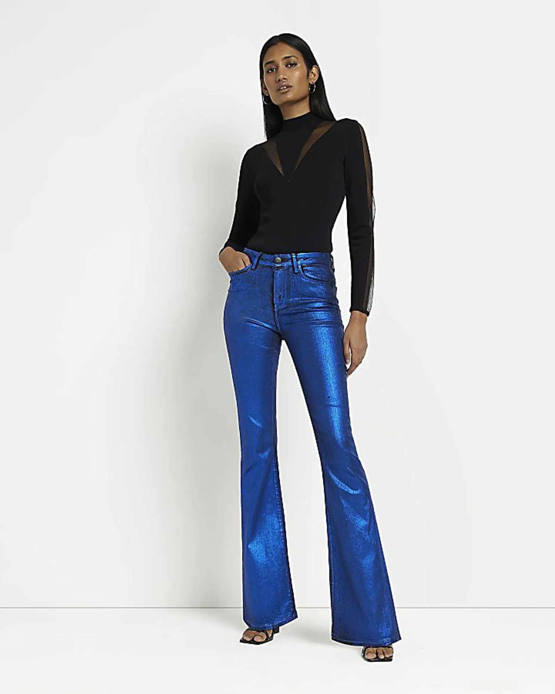 Blue coated high waisted flared jeans