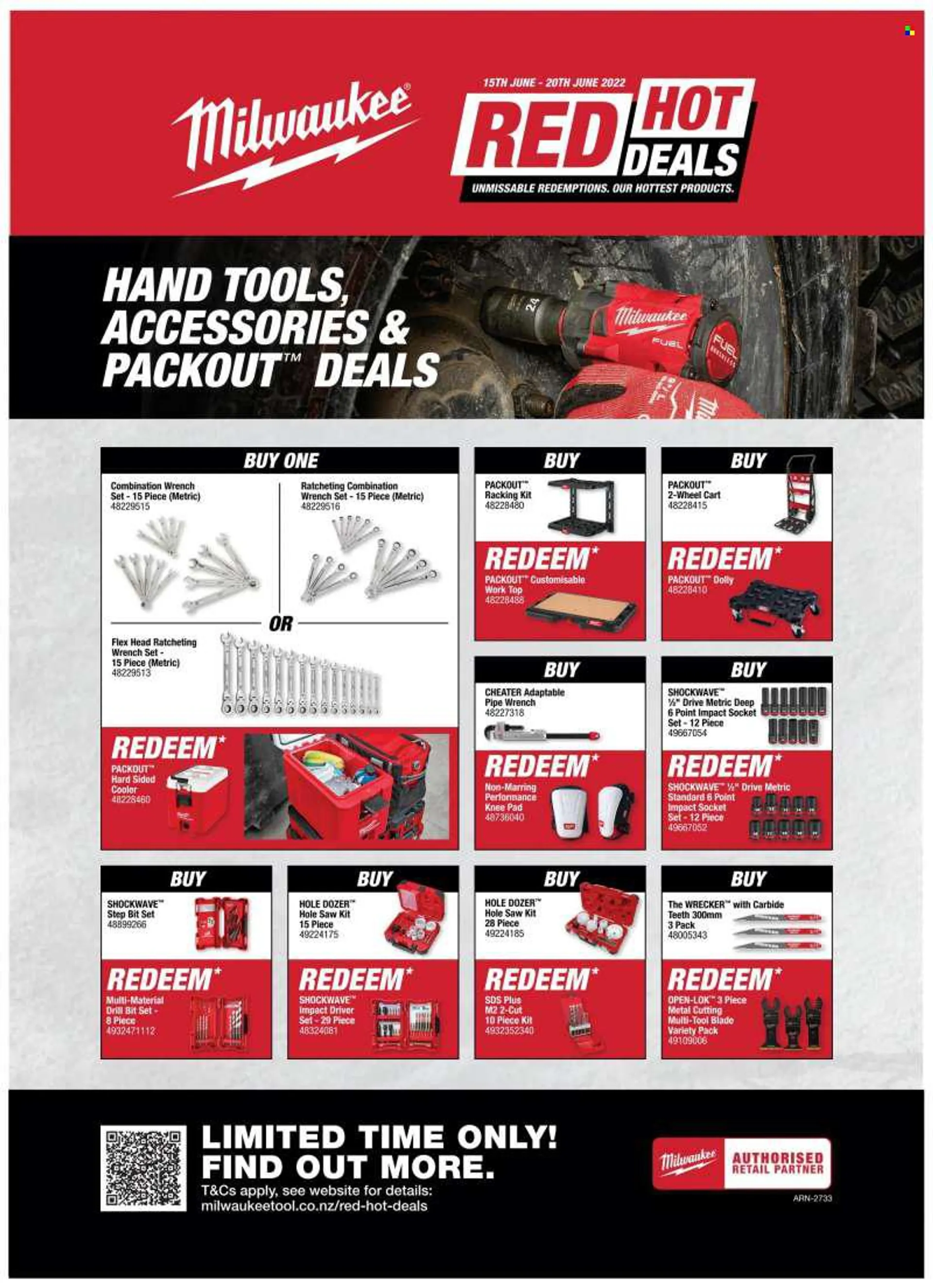 The Tool Shed mailer - 15.06.2022 - 20.06.2022 - Sales products - Milwaukee, impact driver, wrench, drill bit set, socket set, wrench set, hand tools, knee pad, cart. Page 5.