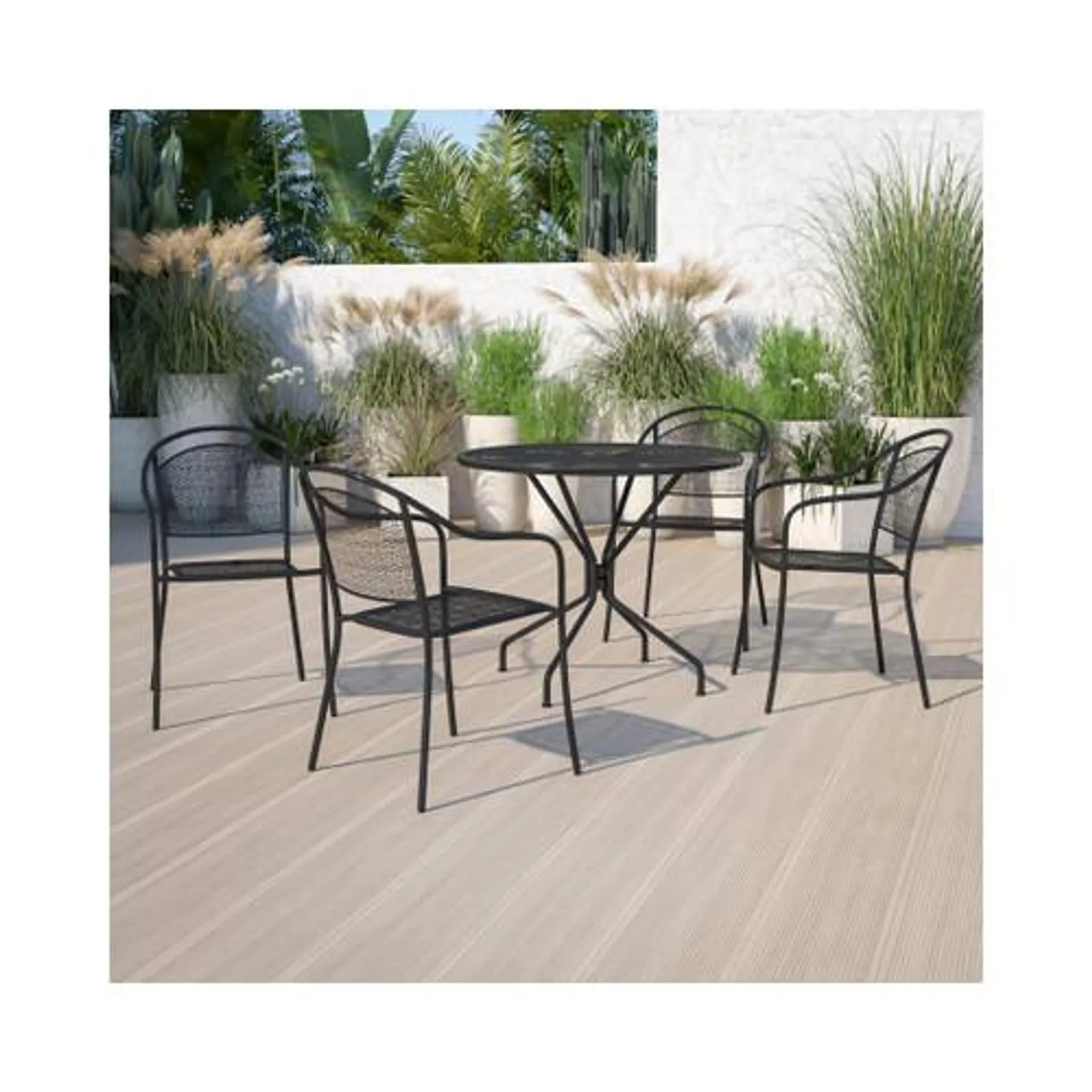 Commercial Grade 35.25√¢‚Ç¨¬ù Round Black Indoor Outdoor Steel Patio Table Set with 4 Round Back Chairs