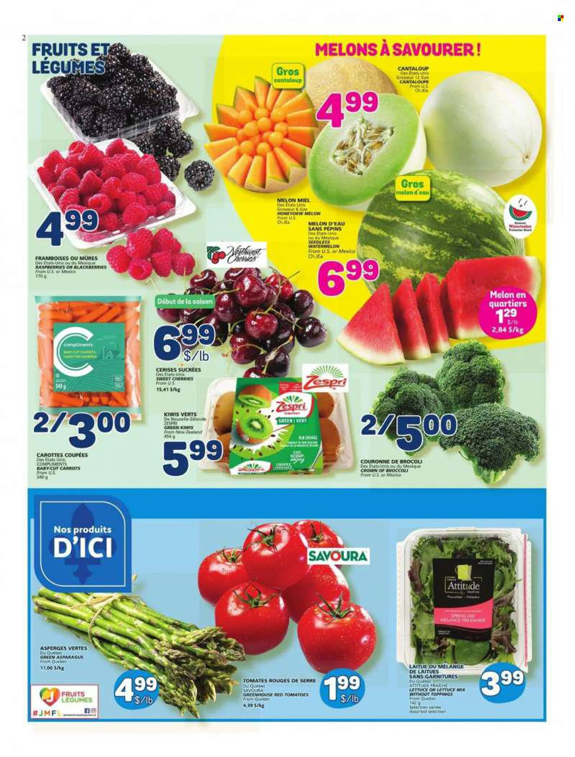 Marché Bonichoix Flyer - June 23, 2022 - June 29, 2022 - Sales products - asparagus, broccoli, cantaloupe, carrots, tomatoes, blackberries, watermelon, honeydew, cherries, melons, kiwi. Page 2.