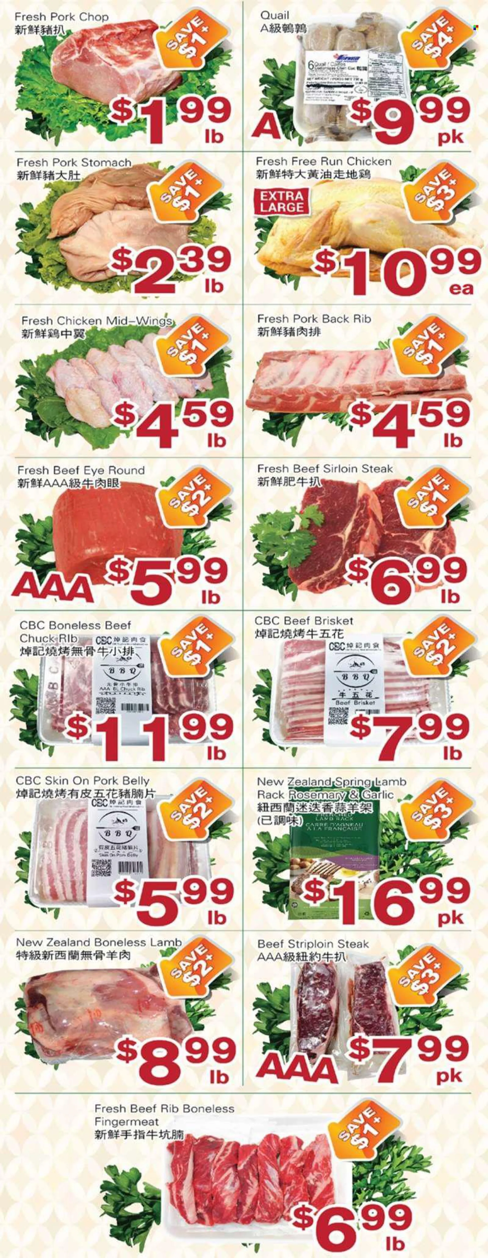 First Choice Supermarket Flyer - July 15, 2022 - July 21, 2022 - Sales products - rosemary, quail, beef meat, beef sirloin, eye of round, sirloin steak, striploin steak, beef brisket, pork belly, pork chops, pork meat, steak. Page 2.