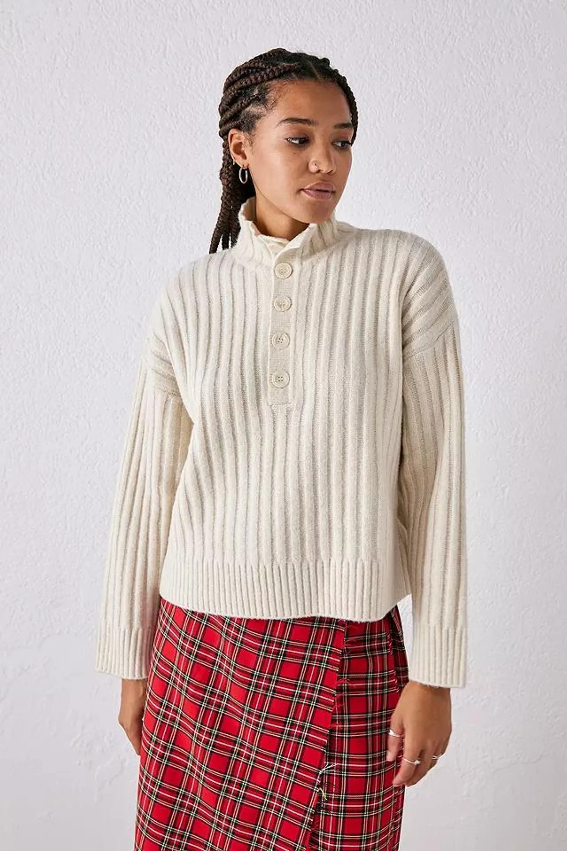 UO Bread Mock Neck Button-Up Jumper