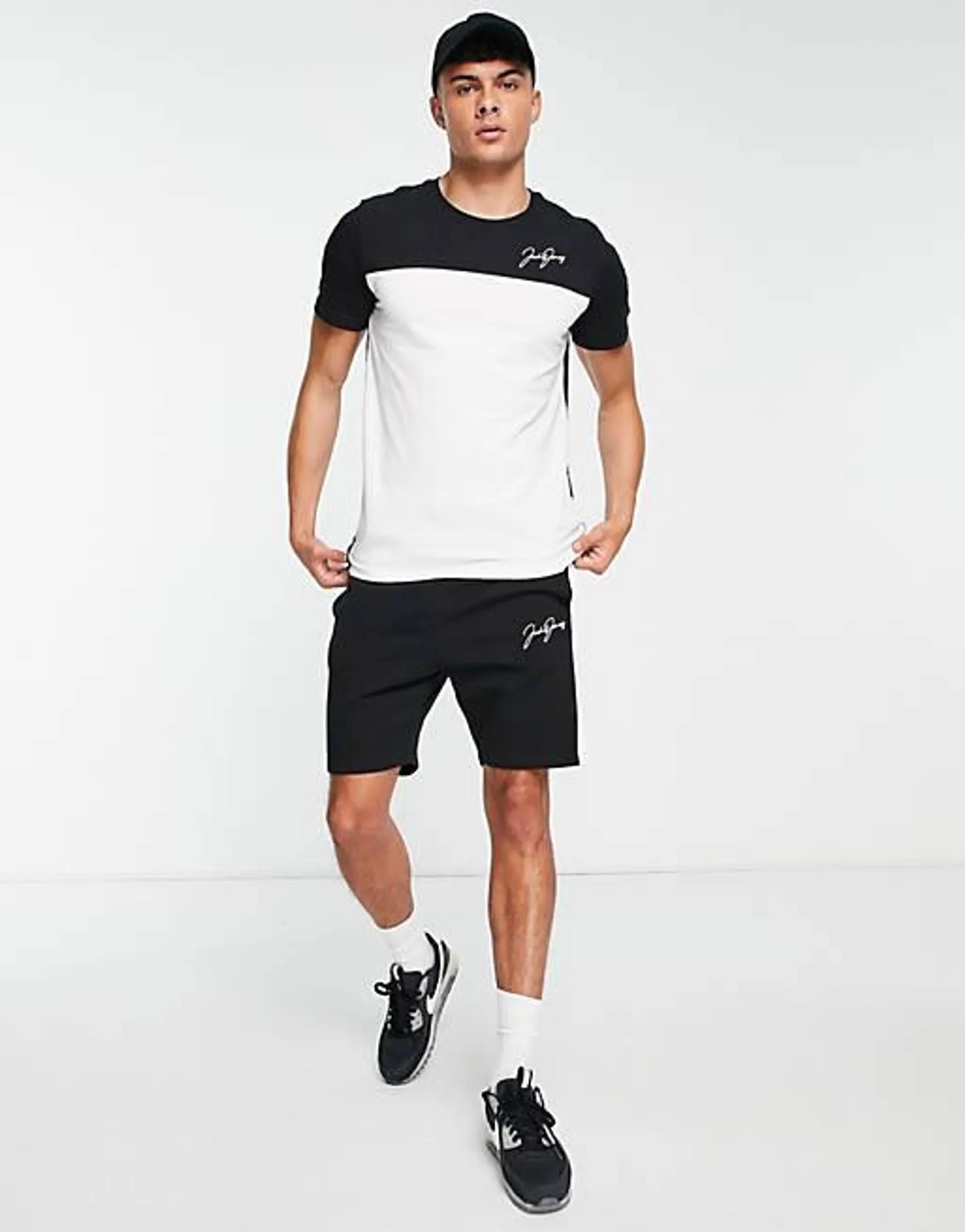 Jack & Jones colour block t-shirt & short set in white black