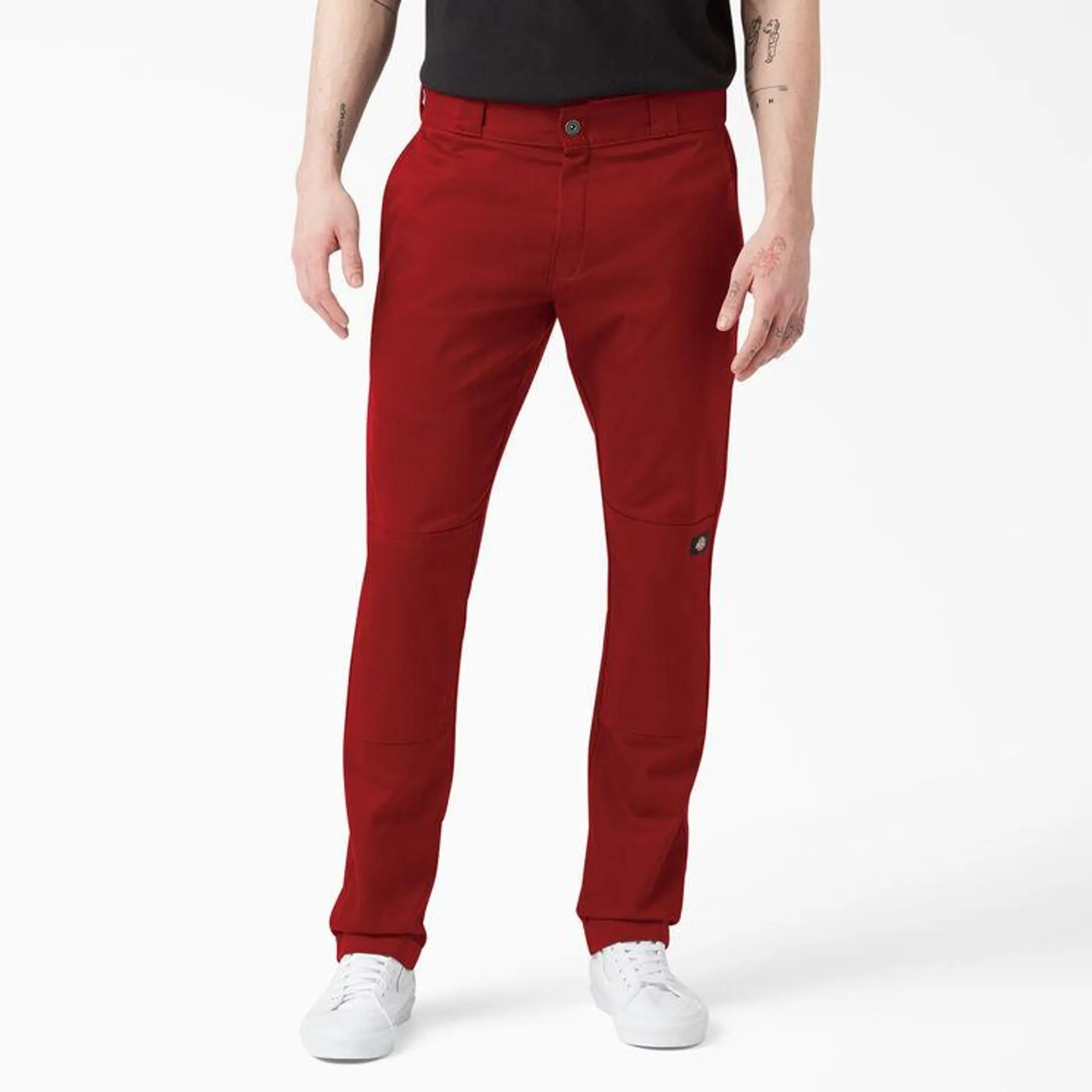 Skinny Fit Straight Leg Double Knee Work Pants, English Red