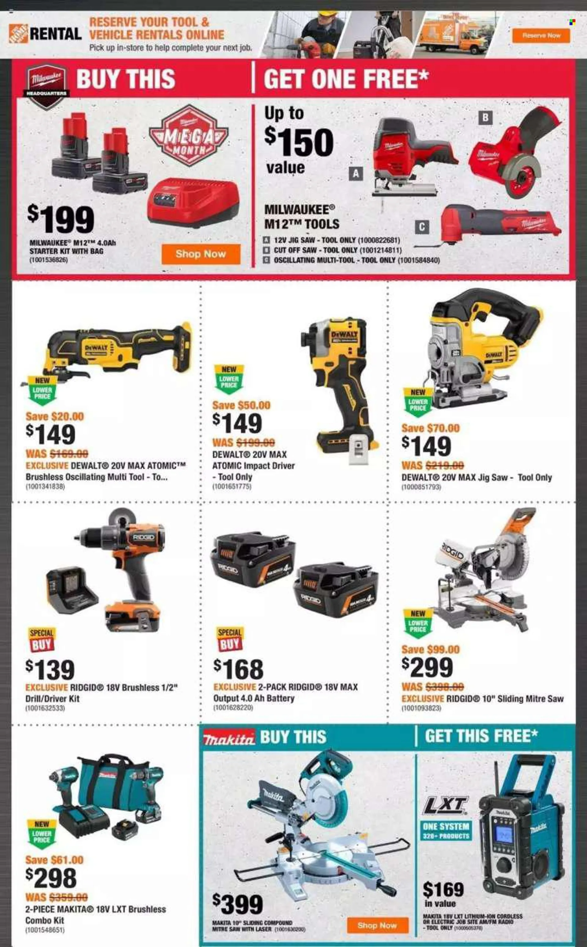 The Home Depot Flyer - June 30, 2022 - July 13, 2022 - Sales products - bag, battery, Milwaukee, DeWALT, drill, impact driver, Ridgid, saw, jig saw, combo kit. Page 3.