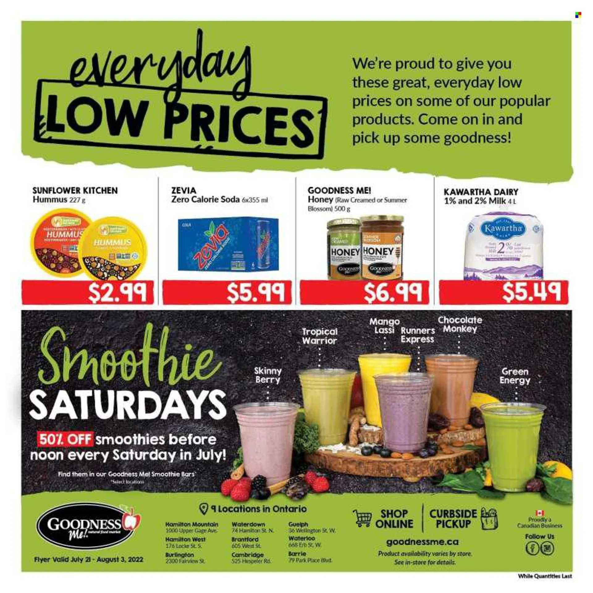 Goodness Me Flyer - July 21, 2022 - August 03, 2022 - Sales products - mango, hummus, milk, Blossom, chocolate, honey, smoothie, soda, olives. Page 15.