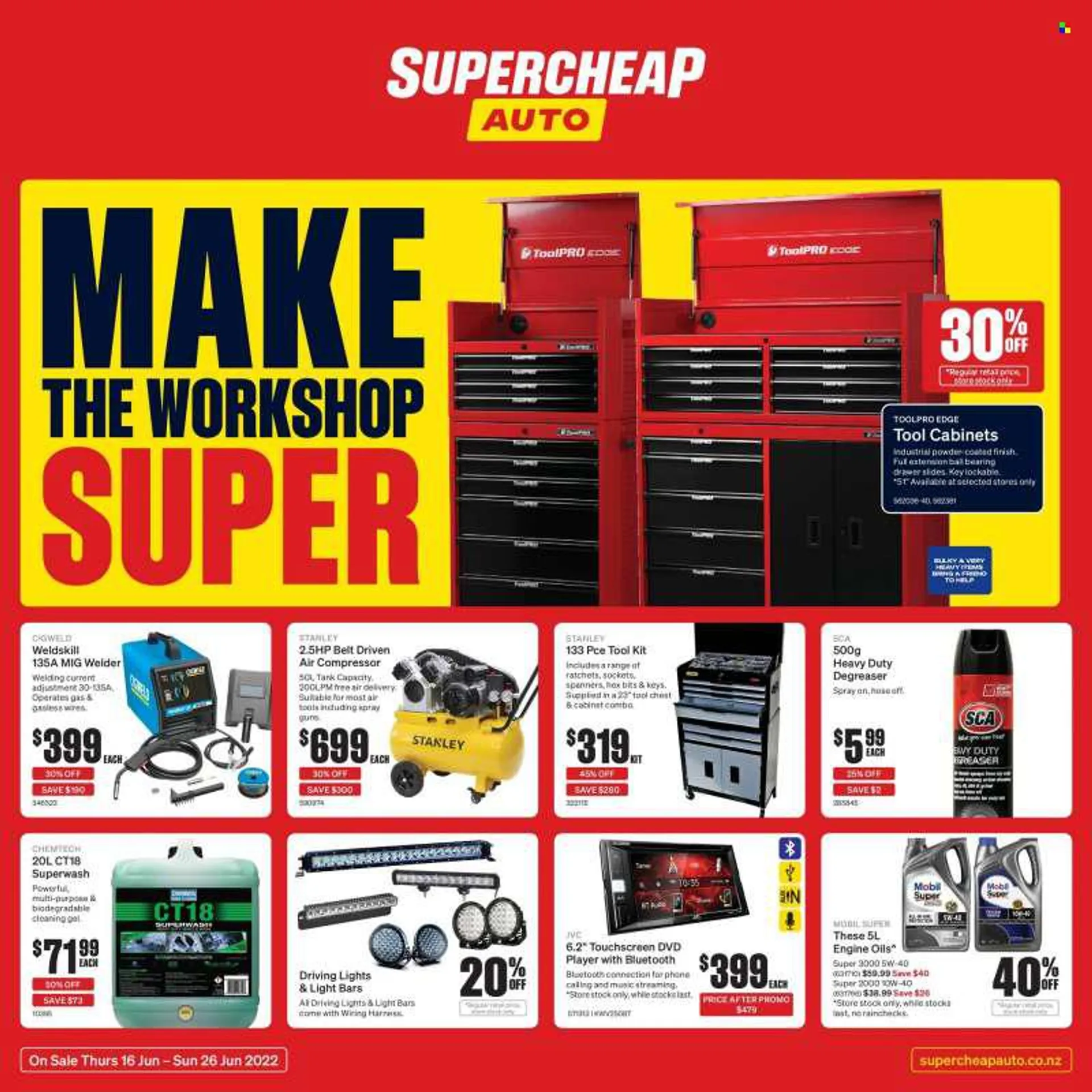 SuperCheap Auto mailer - 16.06.2022 - 26.06.2022 - Sales products - JVC, dvd player, Stanley, tool set, tool chest, air compressor, belt, cabinet, inverter welder, tool cabinets, welder, tank, driving lights, wiring harness, degreaser, Mobil. Page 1.