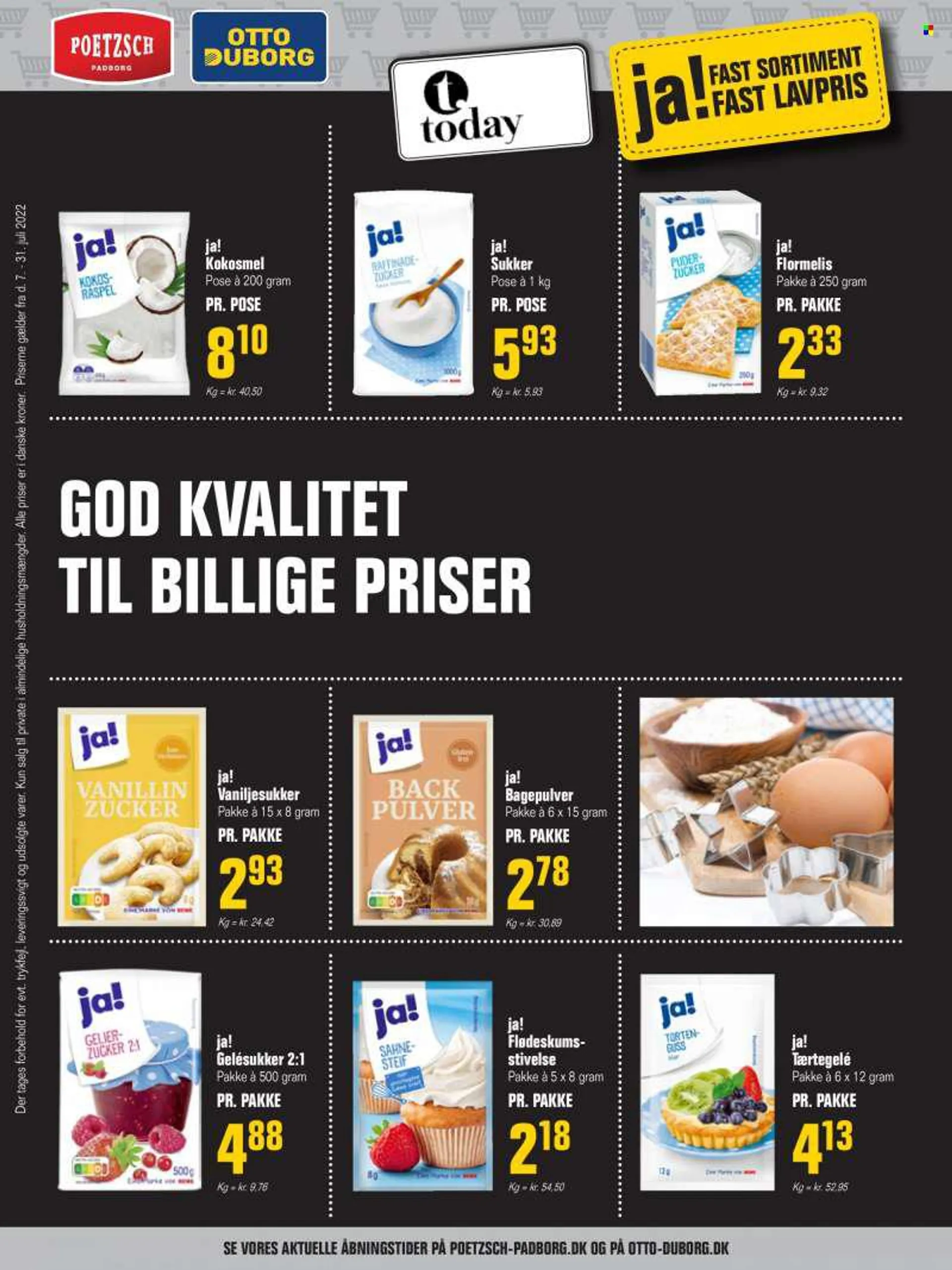 Poetzsch Padborg tilbud  - 07.07.2022 - 31.07.2022 - tilbudsprodukter - pulver, flormelis, kokosmel, sukker, vaniljesukker, bagepulver. Side 1.