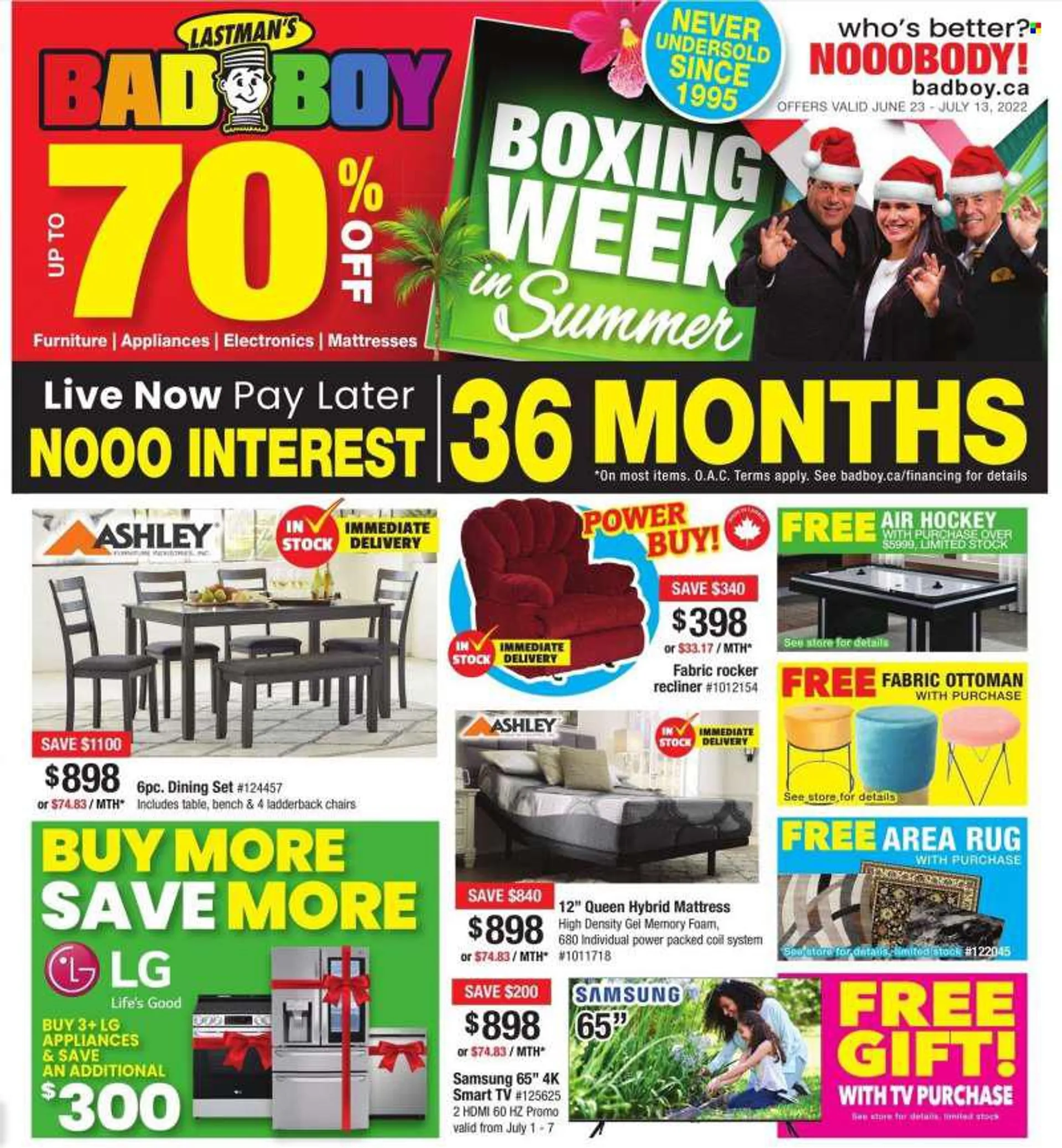 Bad Boy Superstore Flyer - June 23, 2022 - July 13, 2022 - Sales products - chair, Samsung, TV, dining set, bench, recliner chair, ottoman, mattress, LG, smart tv. Page 3.