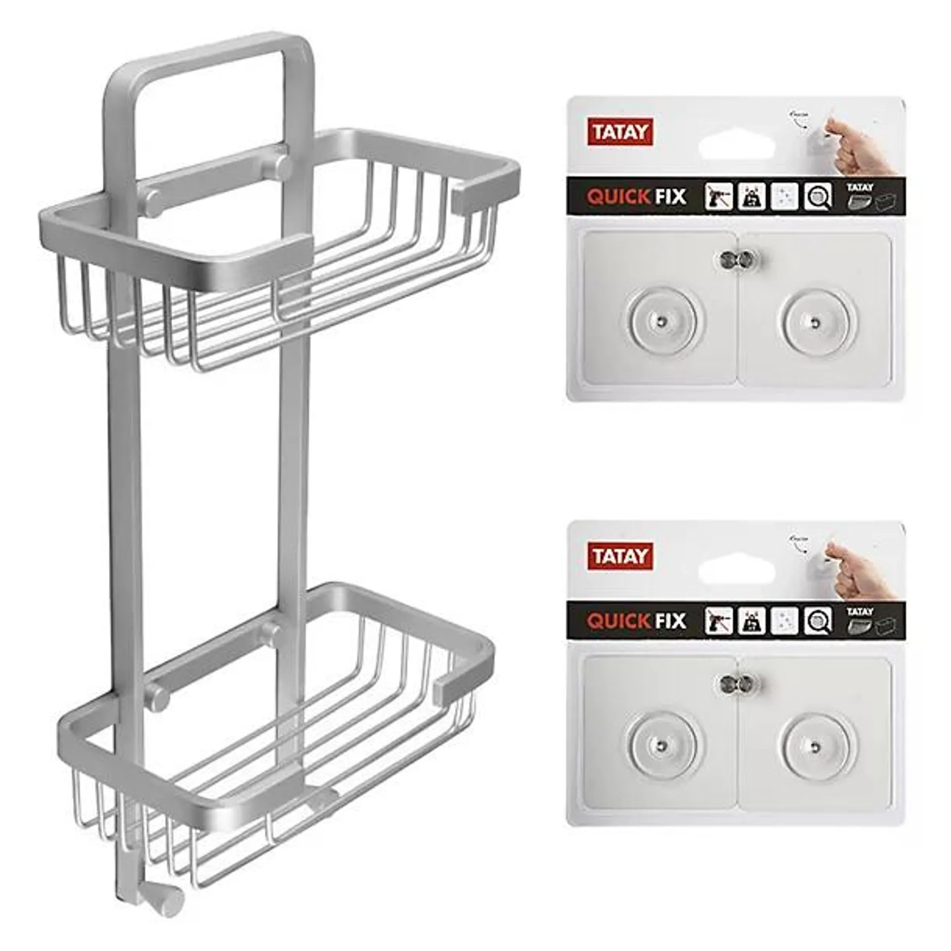 Tatay Double Basket Shower Caddy and Quick Fix Wall System Bundle